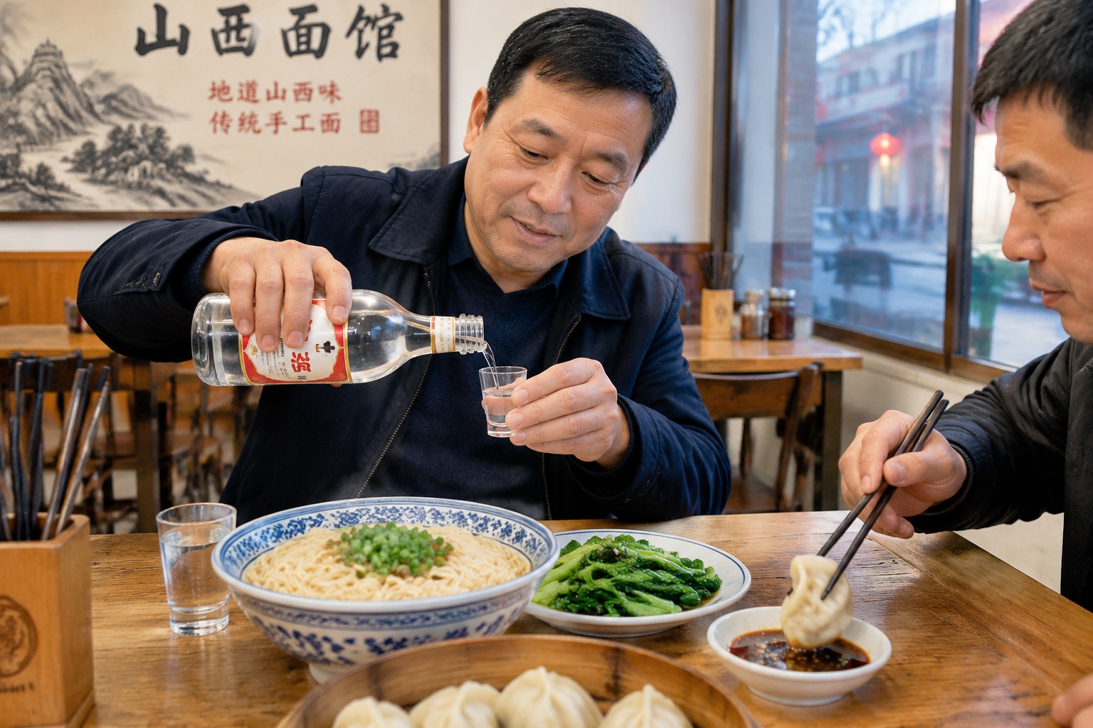 Men pouring fenjiu into a small glass at a noodle restaurant in Shanxi while a dumpling is dipped in old mature vinegar