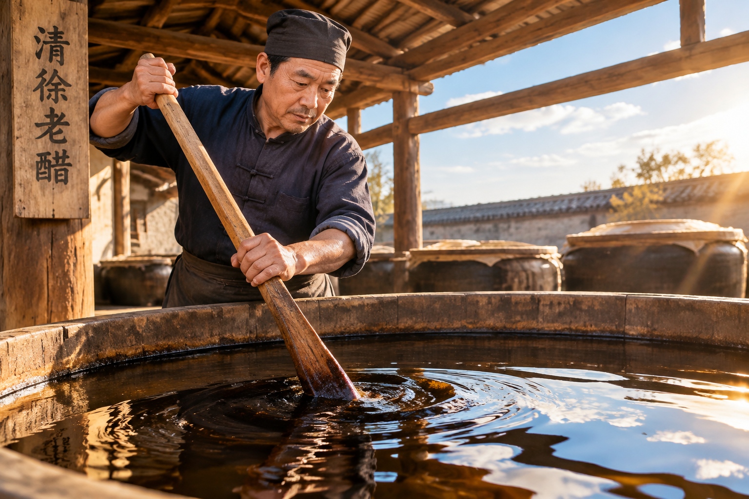 Vinegar master stirring a vat of Shanxi mature vinegar during sun aging in Qingxu County