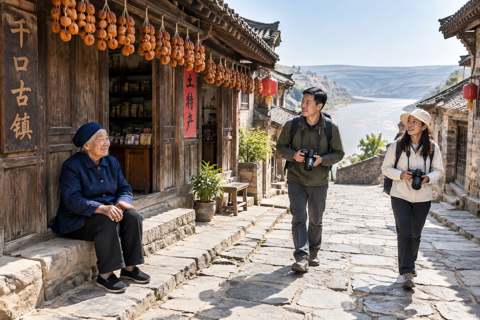 Morning light on the stone street of Qikou Ancient Town, where locals and visitors share the lane