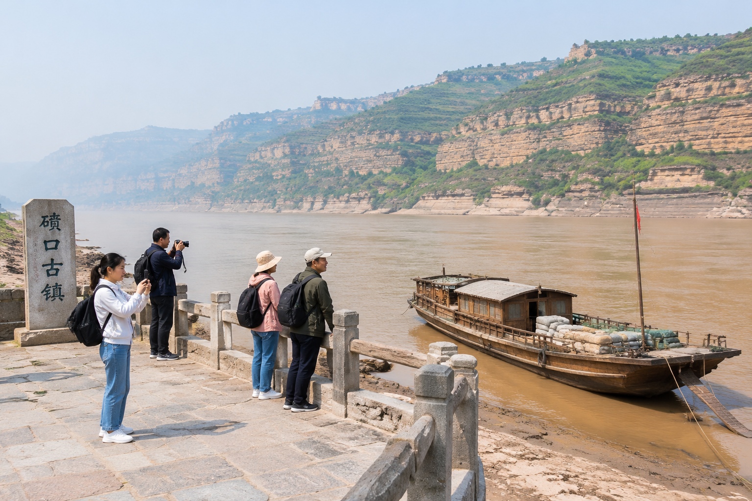 Yellow River dock at Qikou Ancient Town with a wooden boat and visitors photographing the waterway