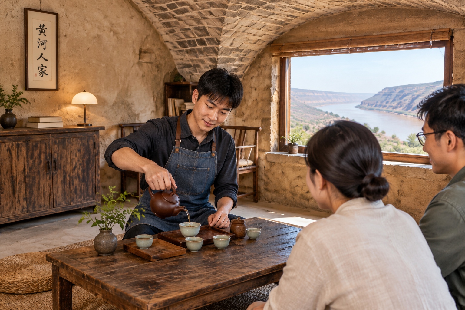 Young guesthouse owner serving tea inside a cave dwelling converted for visitors in Qikou
