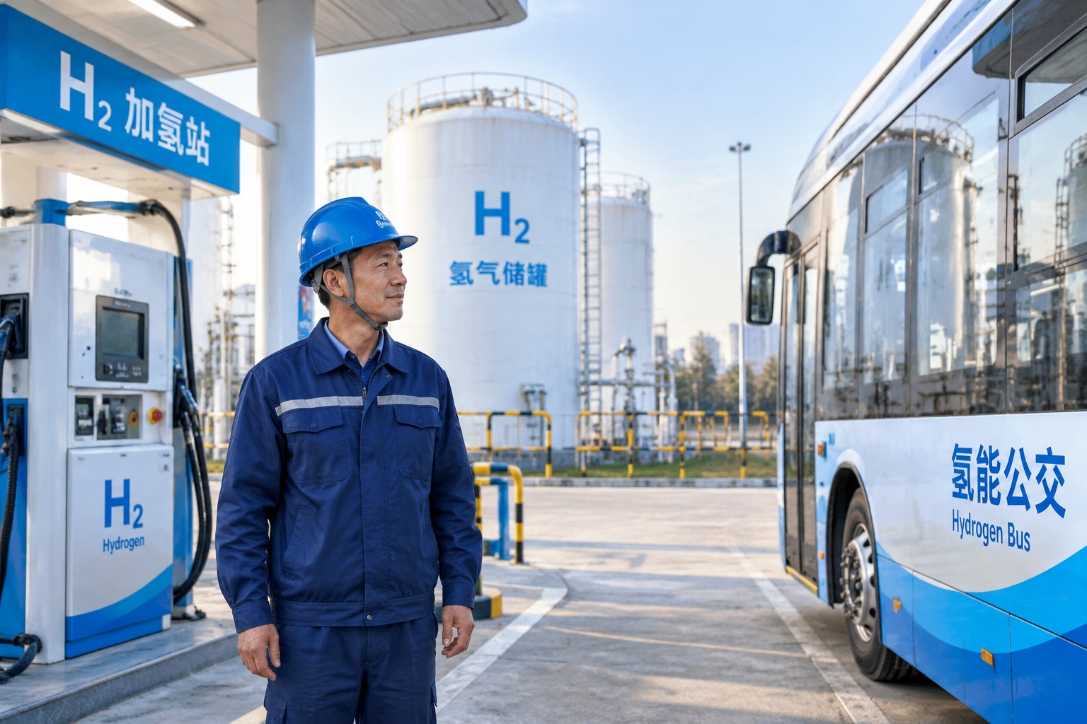 Former coking plant worker now working at a hydrogen refueling station in Shanxi, China, standing near a hydrogen bus.