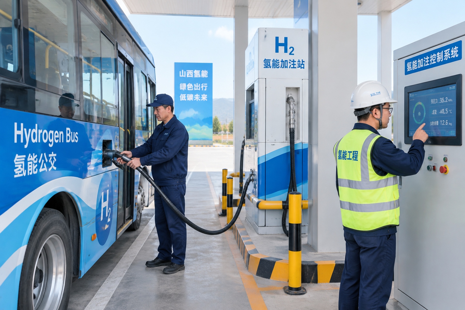 Bus driver and engineer at a hydrogen refueling station in Shanxi, China, refueling a hydrogen bus and checking equipment.