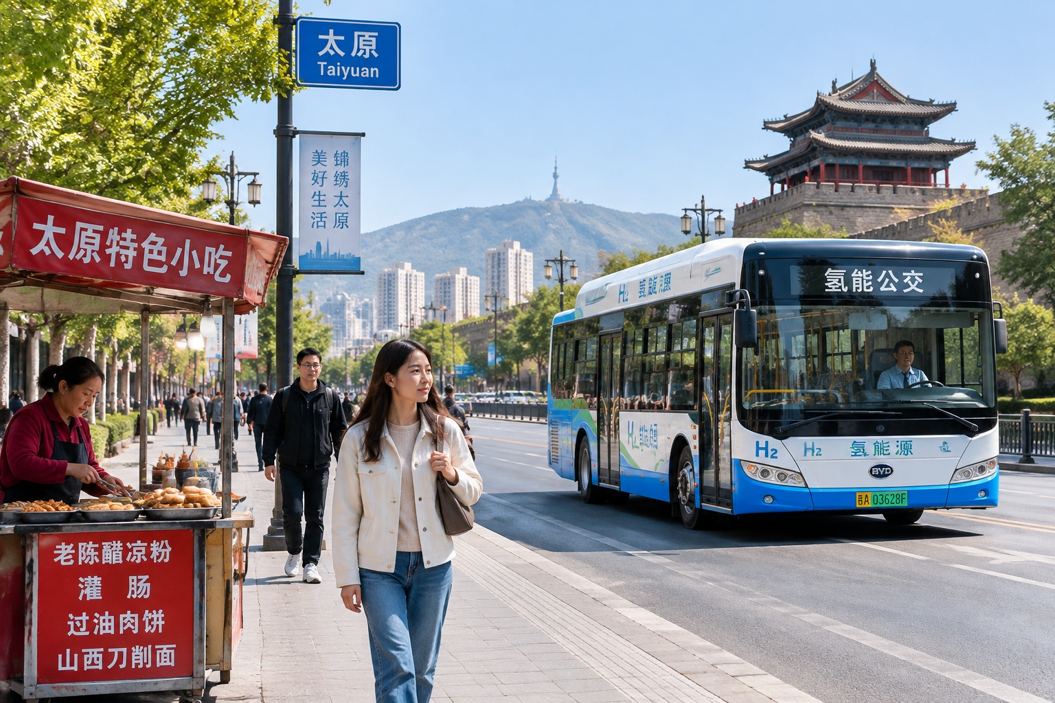 Hydrogen bus driving past a street vendor and pedestrians on a clean street in Taiyuan, Shanxi, China.