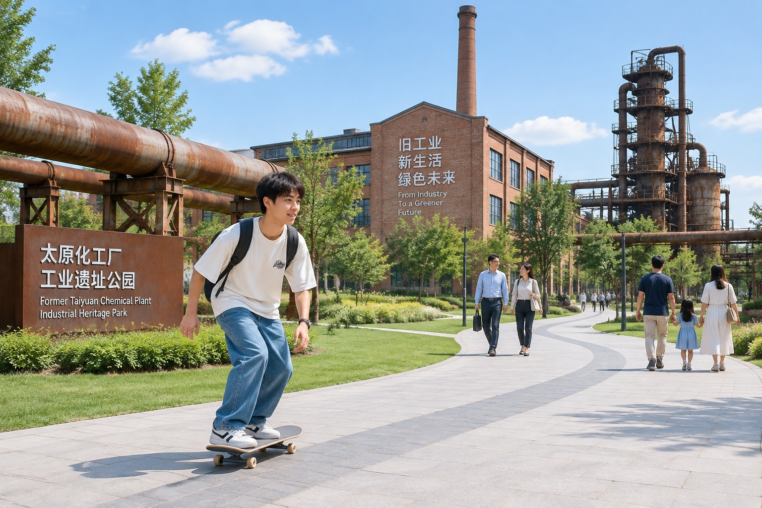 Former Taiyuan Chemical Plant now a park with industrial heritage elements and new walking paths