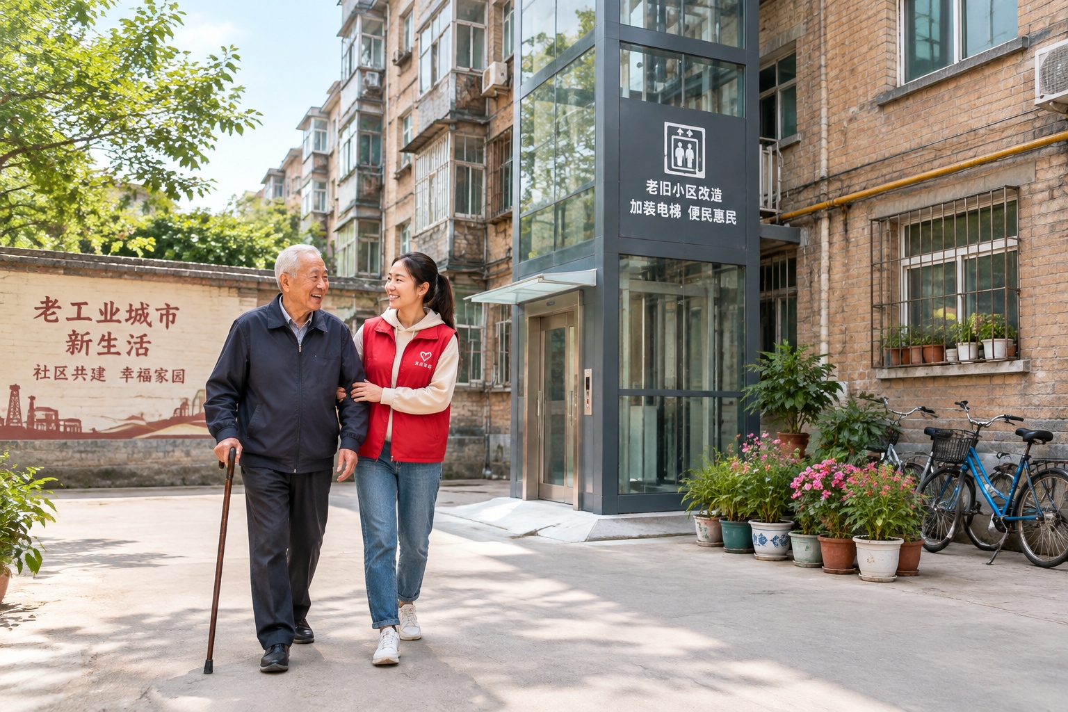 Old Taiyuan residential building with newly added elevator in a community renewal project