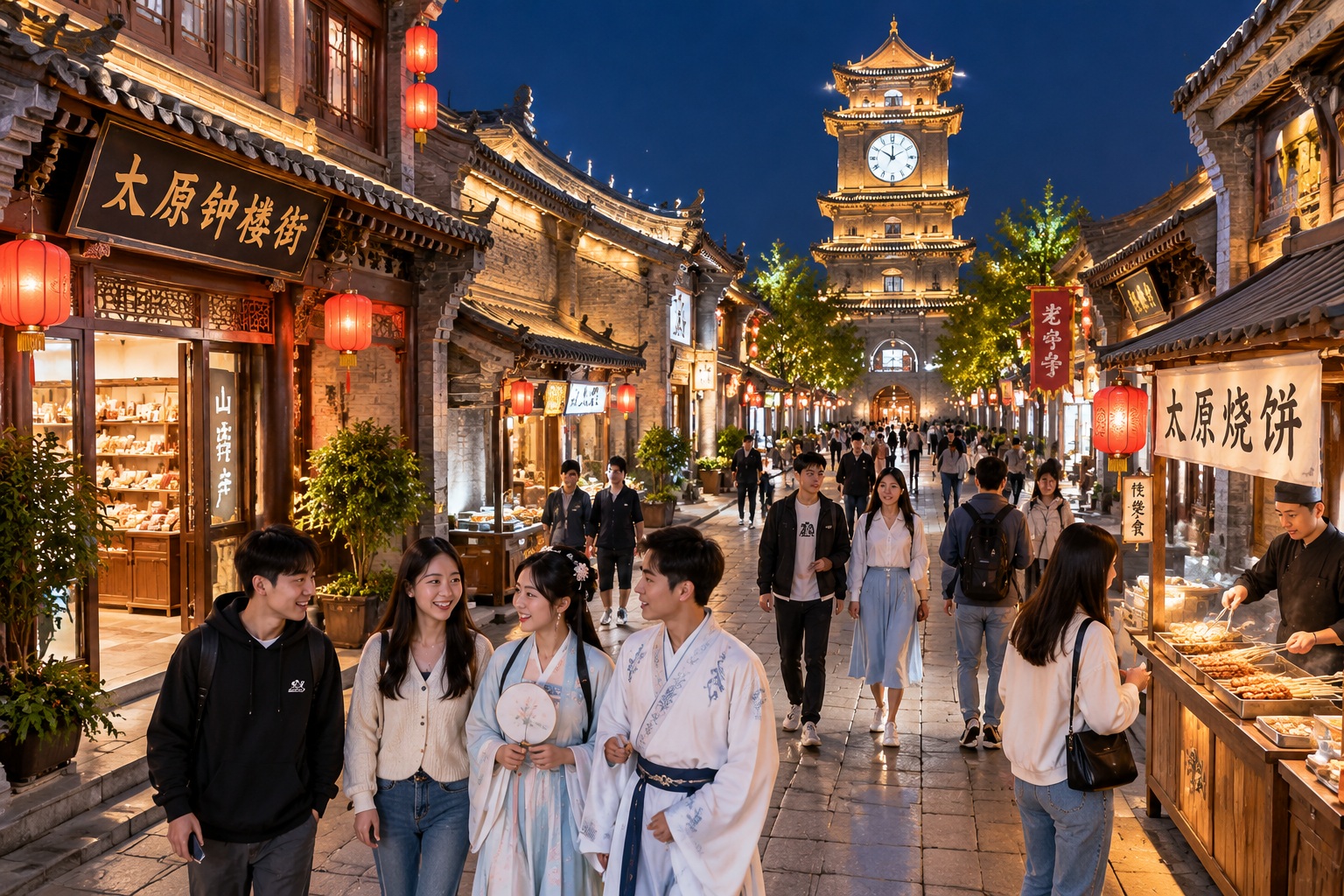 People enjoying Taiyuan Clock Tower Street at night after its restoration