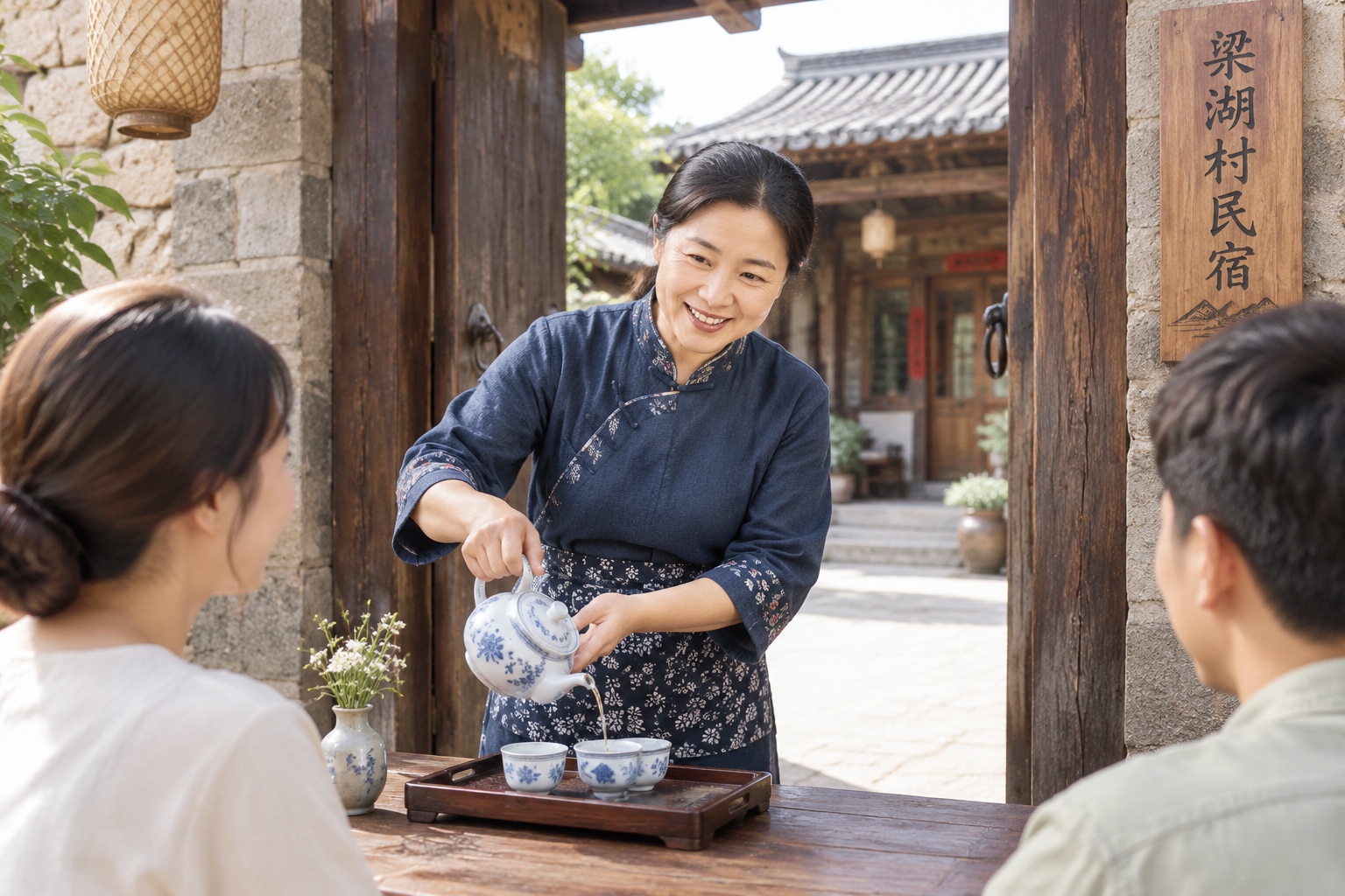 Chinese woman hostess serving tea to tourists at a restored ancient courtyard guesthouse in Lianghu Village, Shanxi
