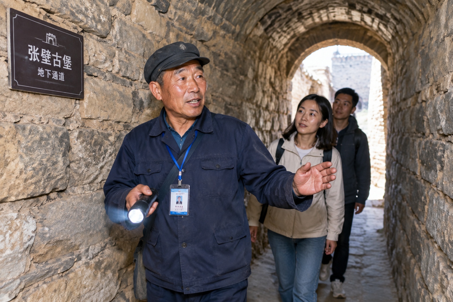 Tour guide with flashlight leading visitors through the ancient underground tunnel of Zhangbi Village in Shanxi