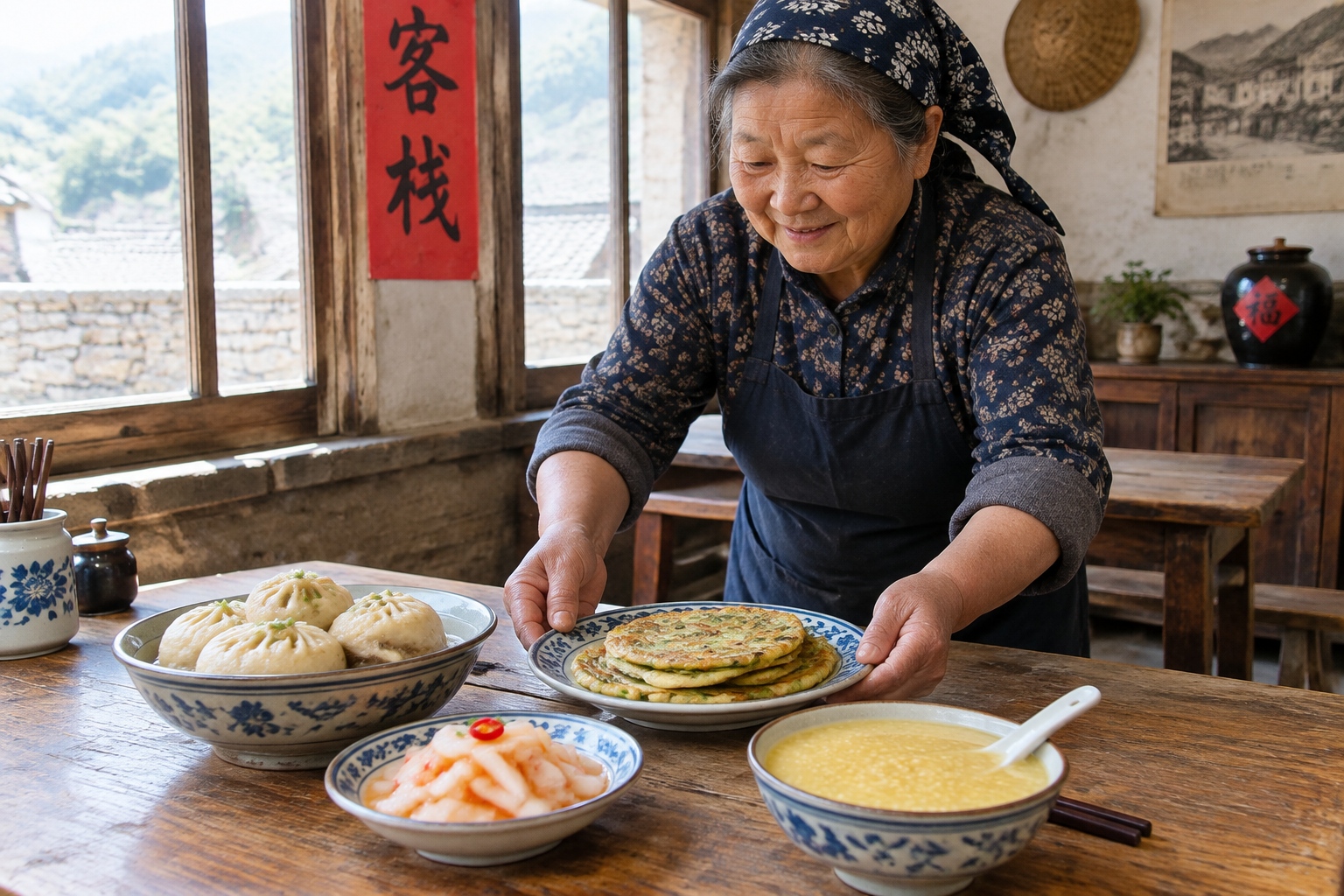Home-style Shanxi farmhouse meal served on a wooden table at an ancient village guesthouse