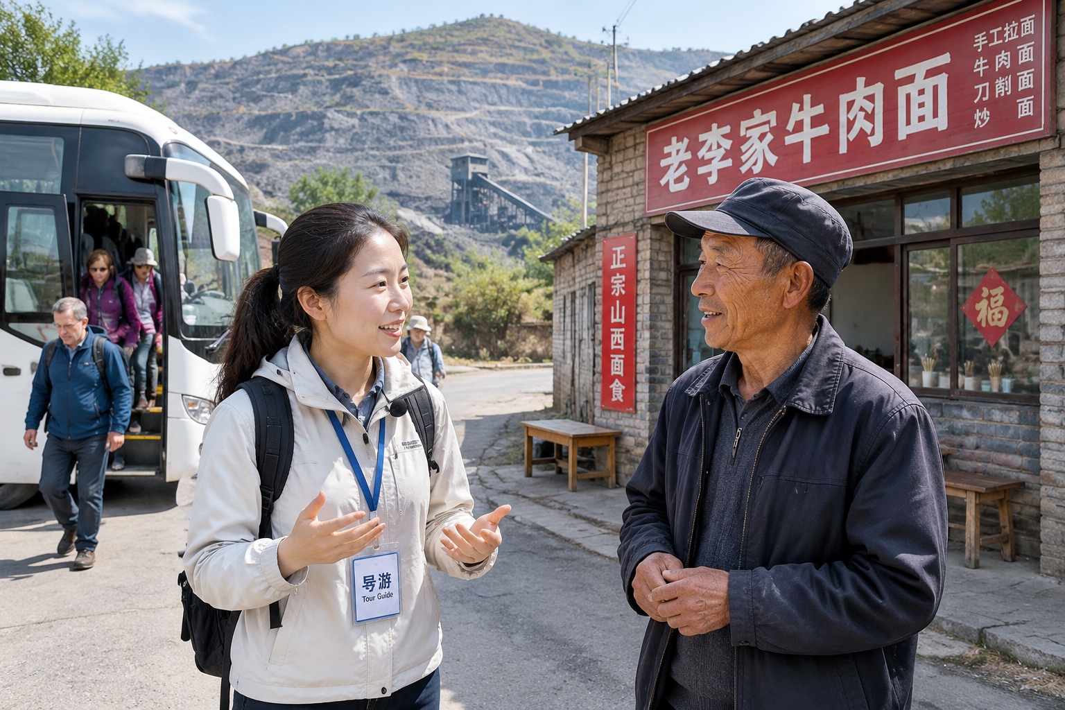A tour guide talks with a retired coal miner outside a noodle shop as tourists get off a bus in Kouquan valley, Datong, Shanxi.