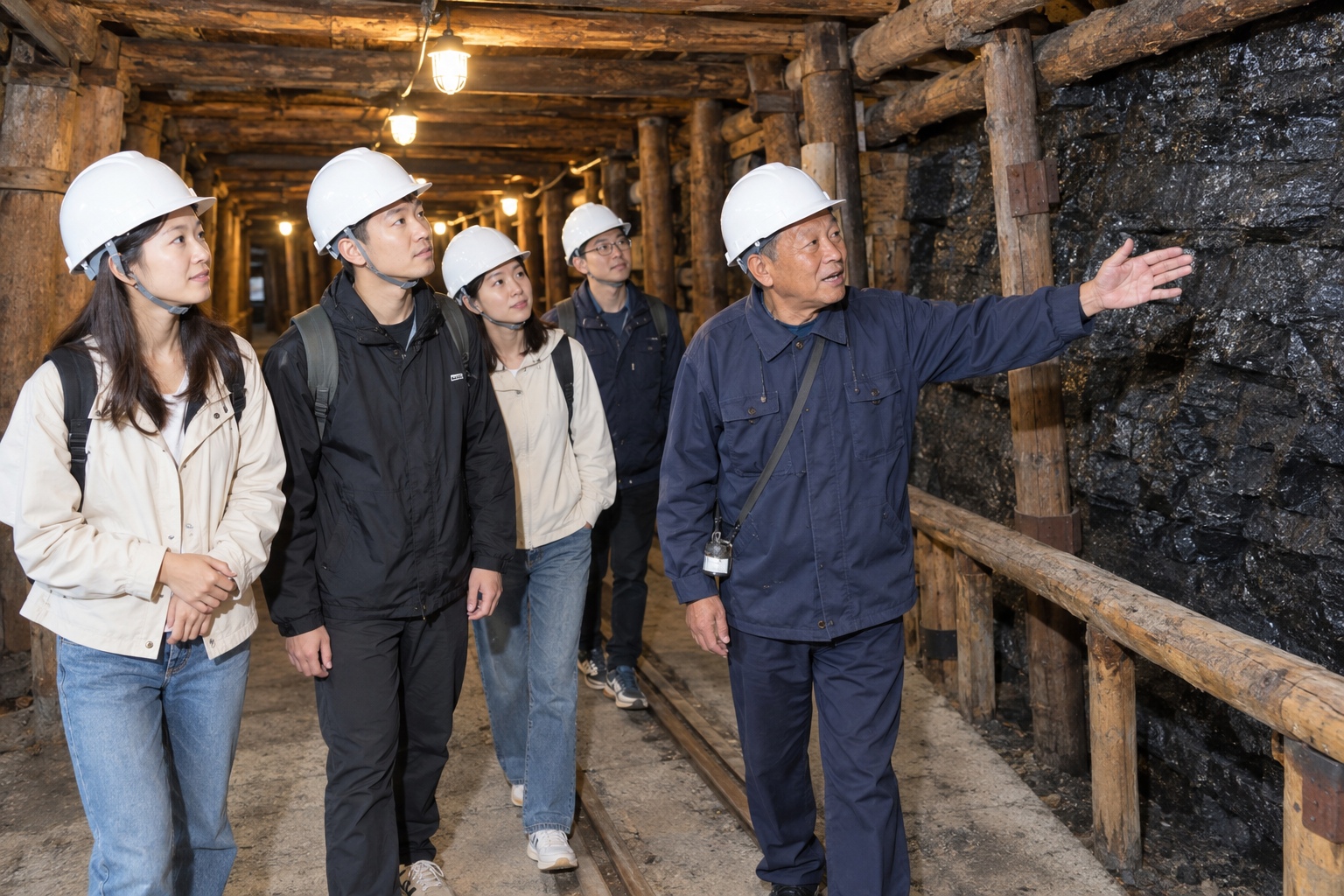 Visitors in helmets walk through an underground tunnel at a coal mine heritage park in Shanxi while a former miner guides them.