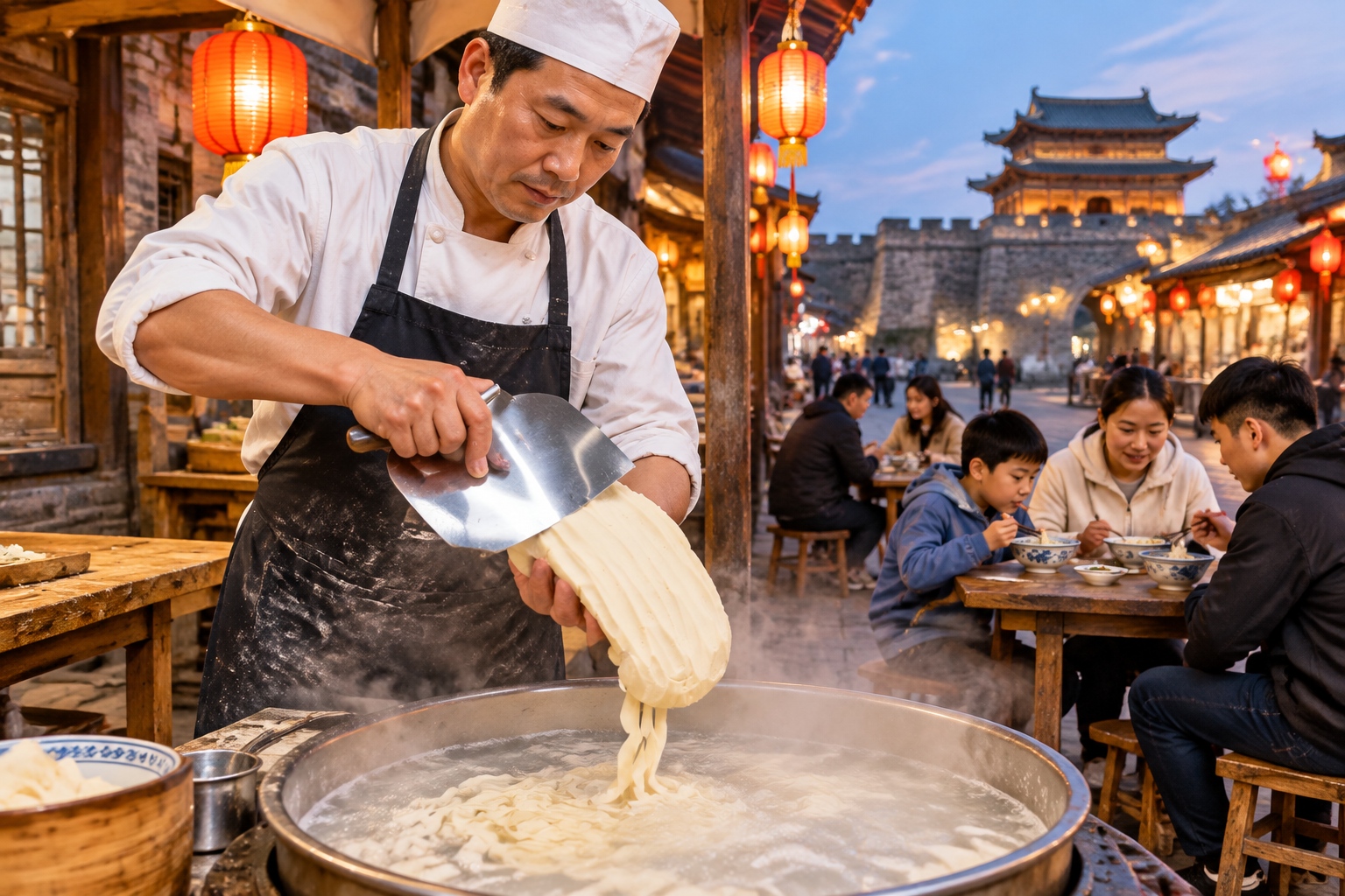 A cook shaves knife-cut noodles into a pot at an evening street stall in Datong's old town while customers eat at low tables.