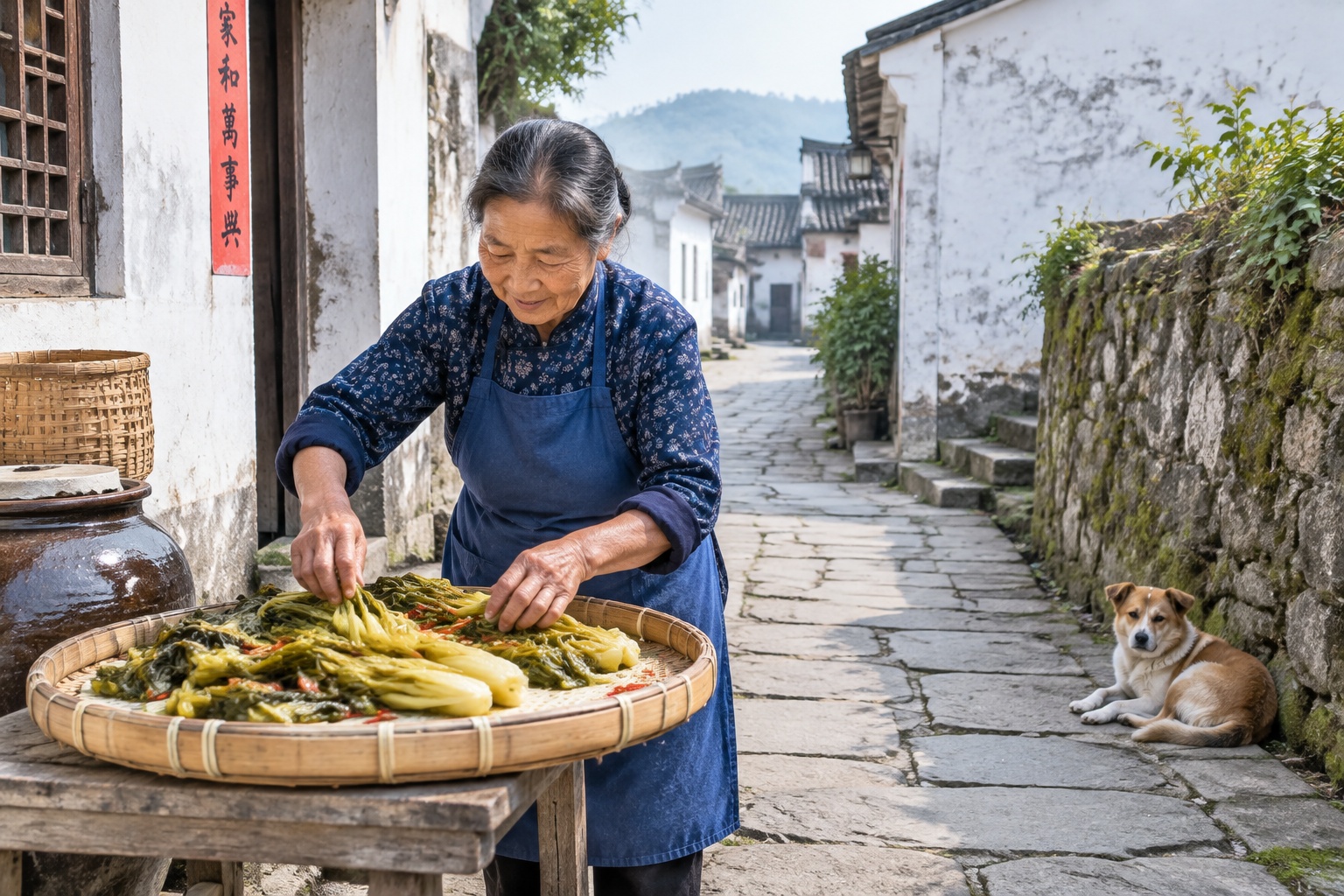 Elderly woman in Huizhou village drying pickled vegetables on bamboo tray in early morning alley, showing daily life of residents.