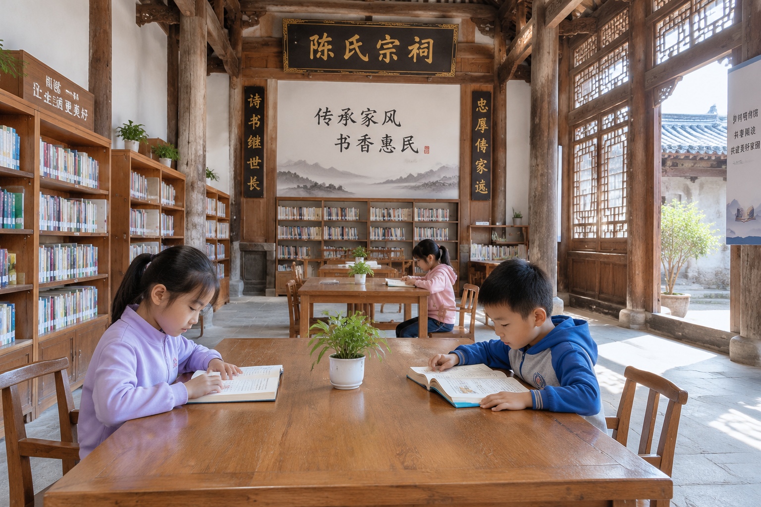 Interior of a 500-year-old ancestral hall turned into a community library in Chengkan village, Huizhou, with children reading and studying.