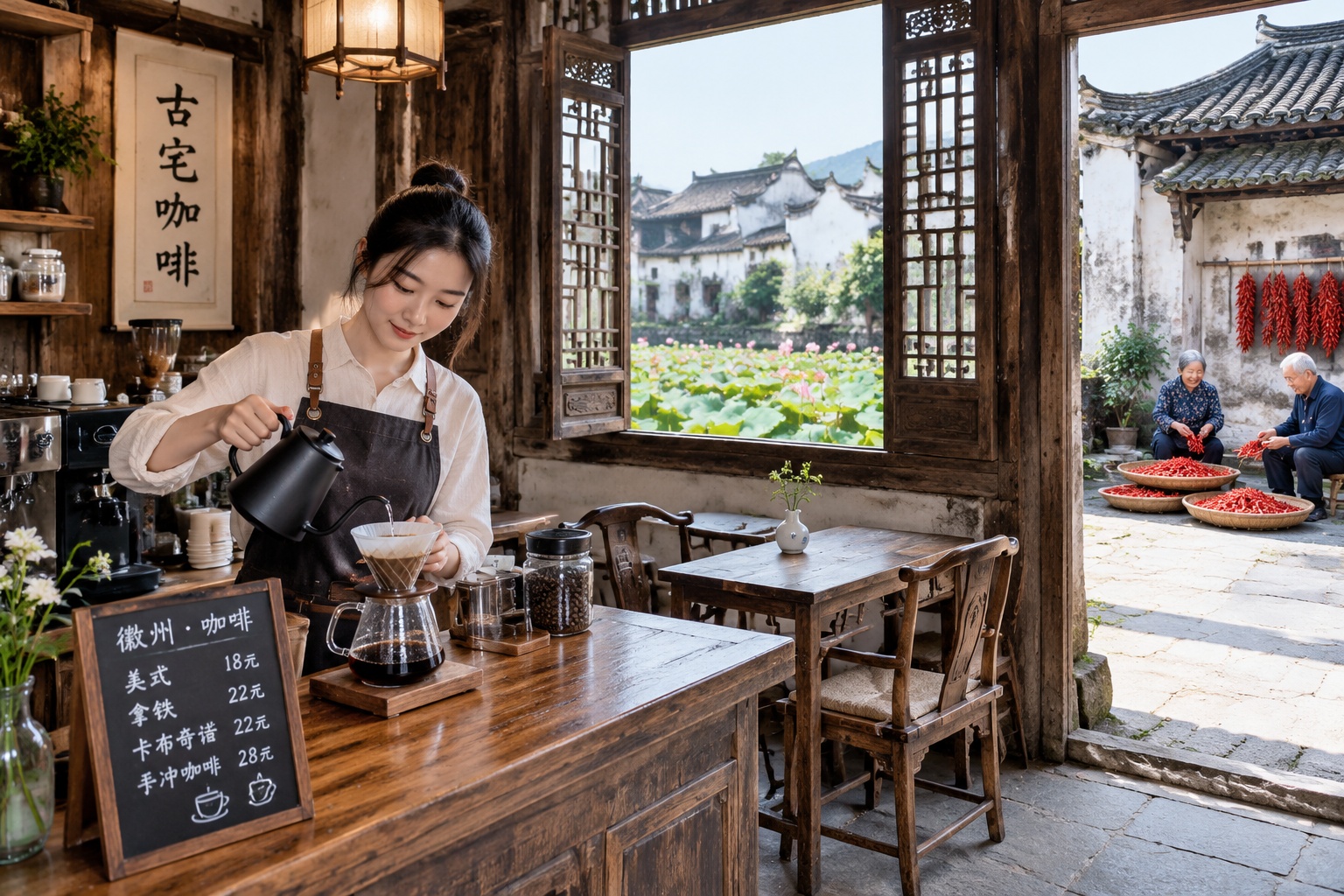 Coffee shop in a Ming dynasty residence in Hongcun, Huizhou, with a young barista and elderly residents drying chili peppers in the courtyard.