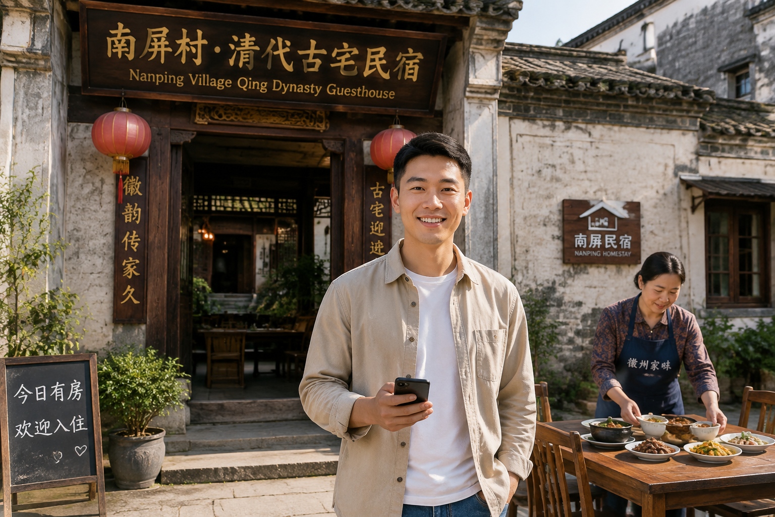 Young entrepreneur Zhang Wei stands in front of his boutique guesthouse in Nanping village, Huizhou, with his aunt preparing traditional Huizhou breakfast.