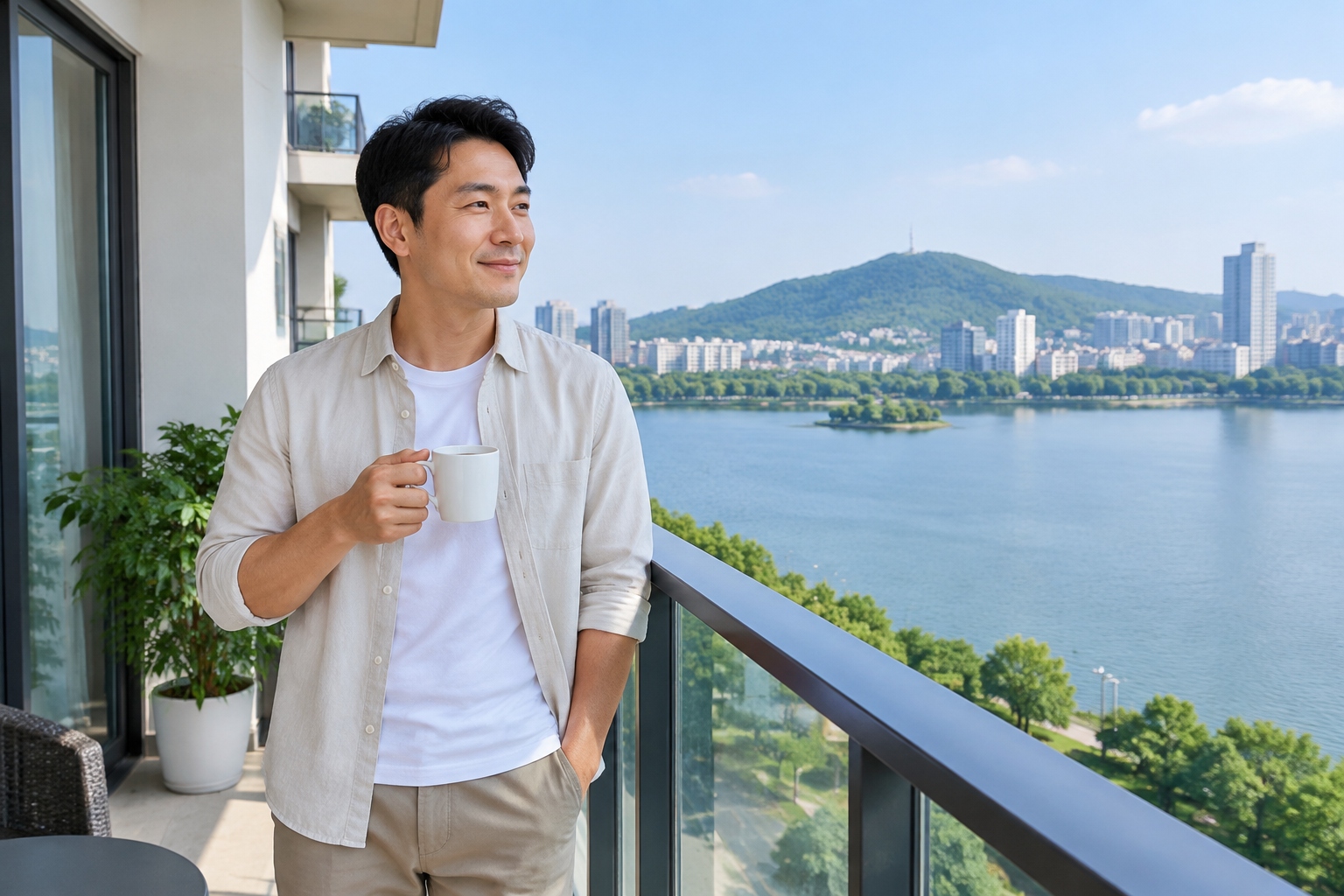 A young Chinese man standing on a sunny balcony in his Hefei apartment, looking out at a lake and distant green hills, holding a coffee cup.