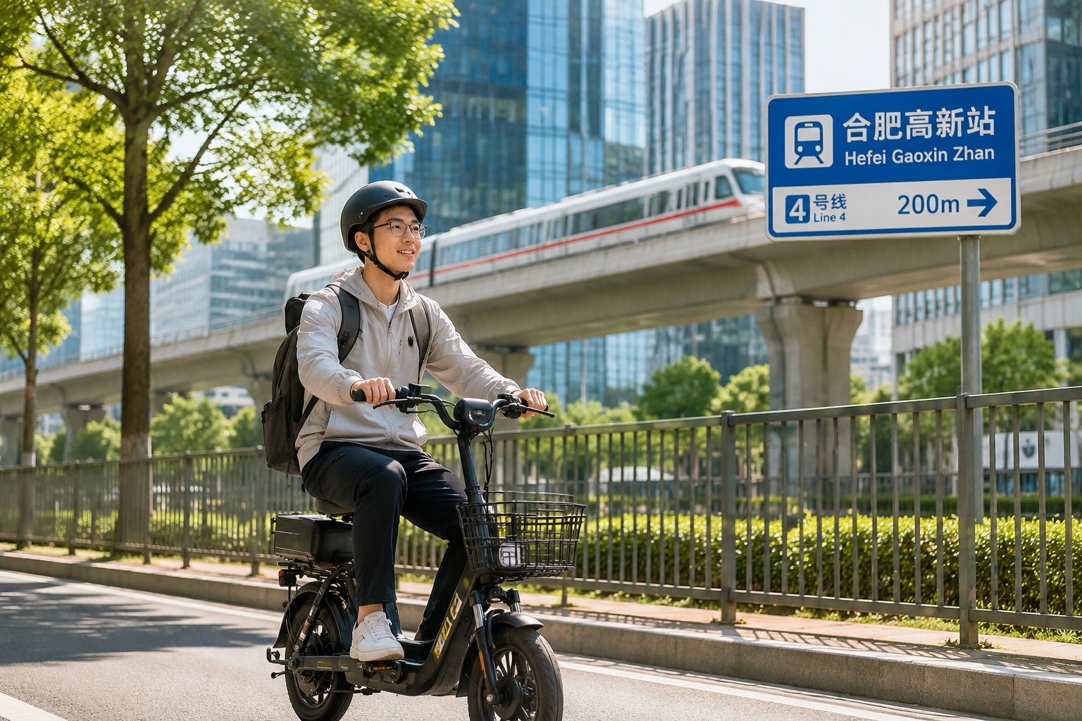 A young engineer riding an electric bike to work on a tree-lined street in Hefei, with modern office buildings in the background.