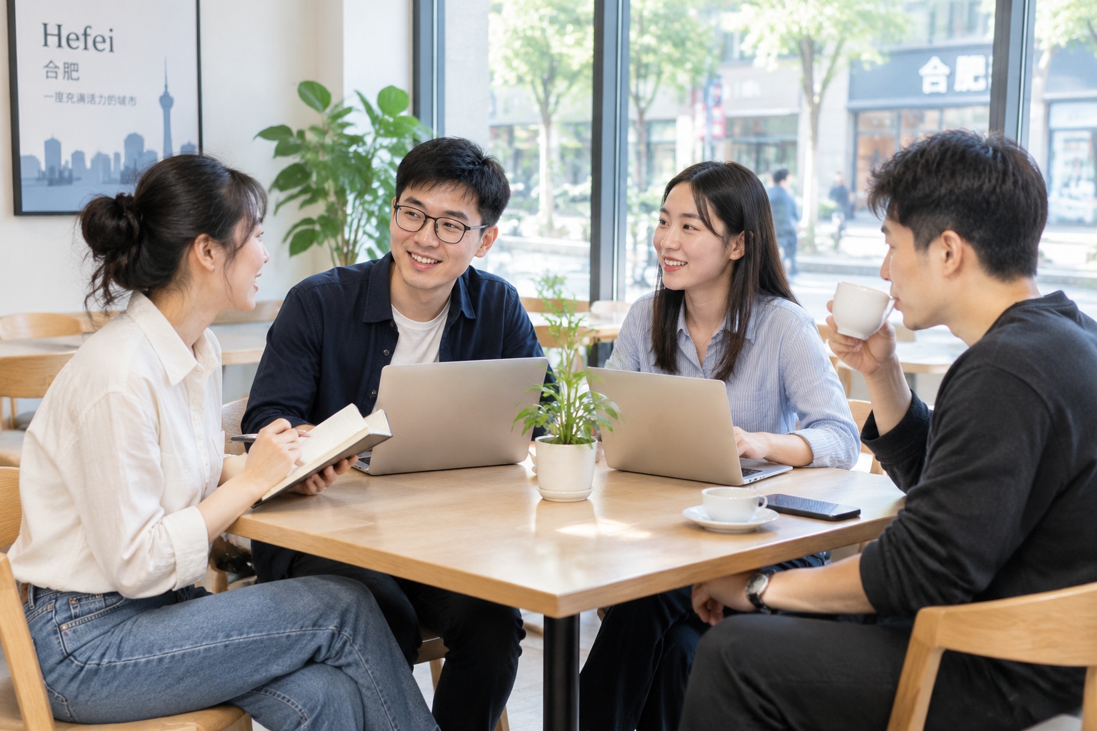 Young professionals collaborating in a bright café in Hefei, with laptops and notebooks on the table, large windows showing a quiet street.