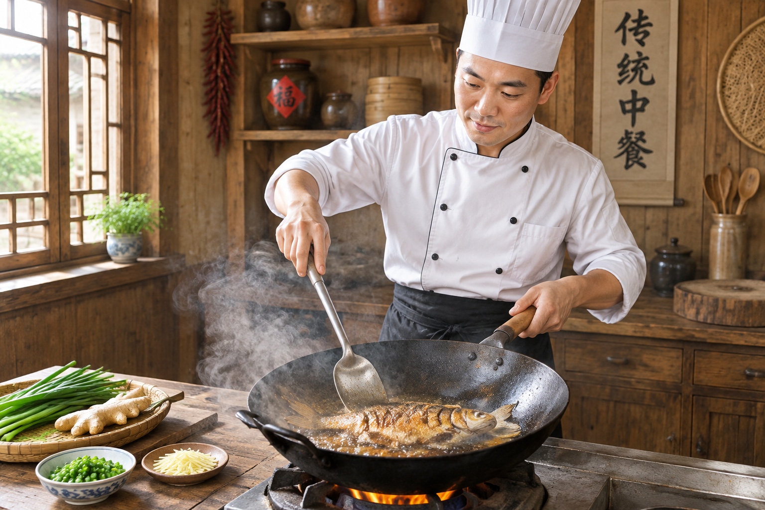 Chef pan-frying stinky mandarin fish in a wok at a traditional Anhui kitchen