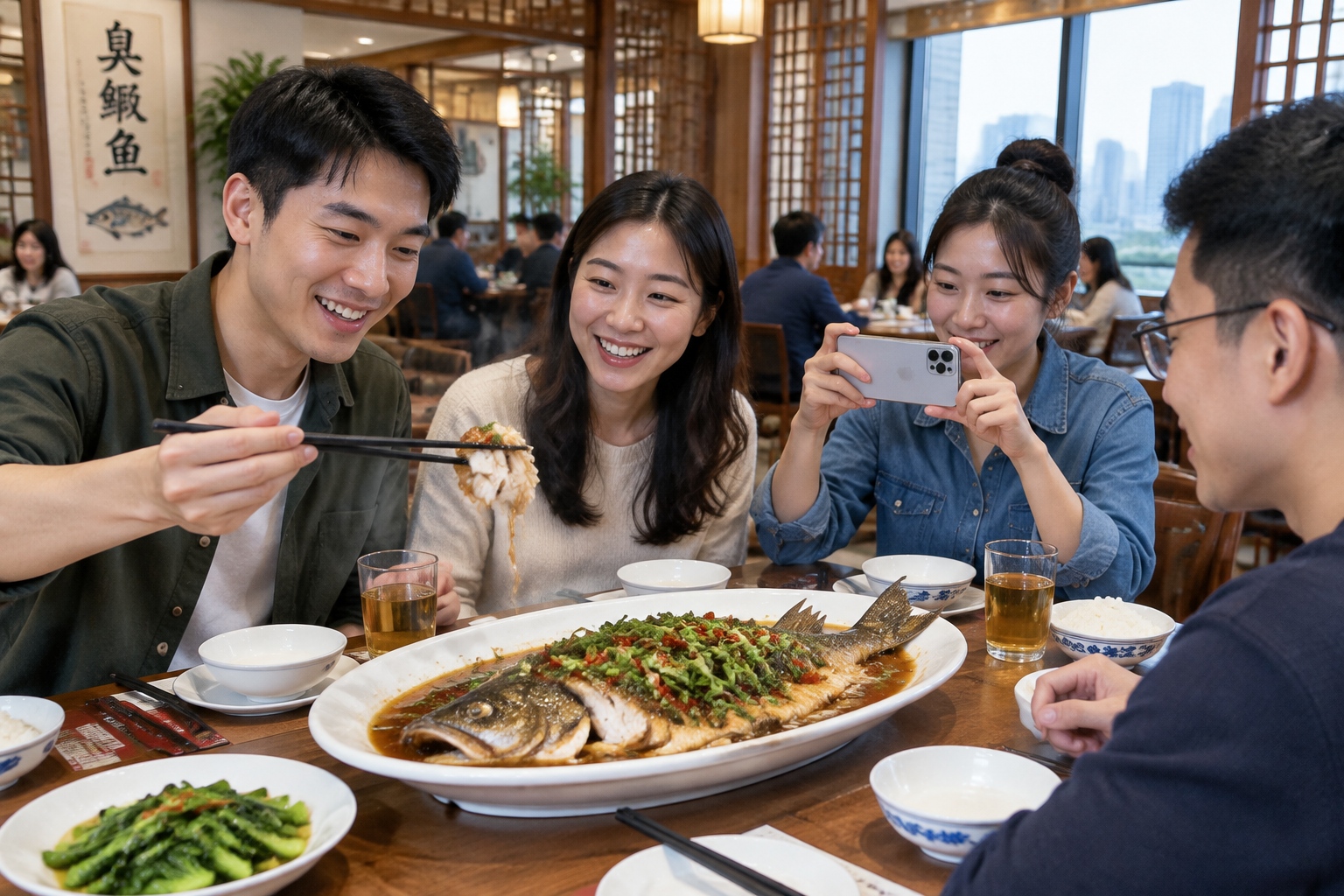 Diners enjoying stinky mandarin fish at a lively restaurant in Huangshan, Anhui