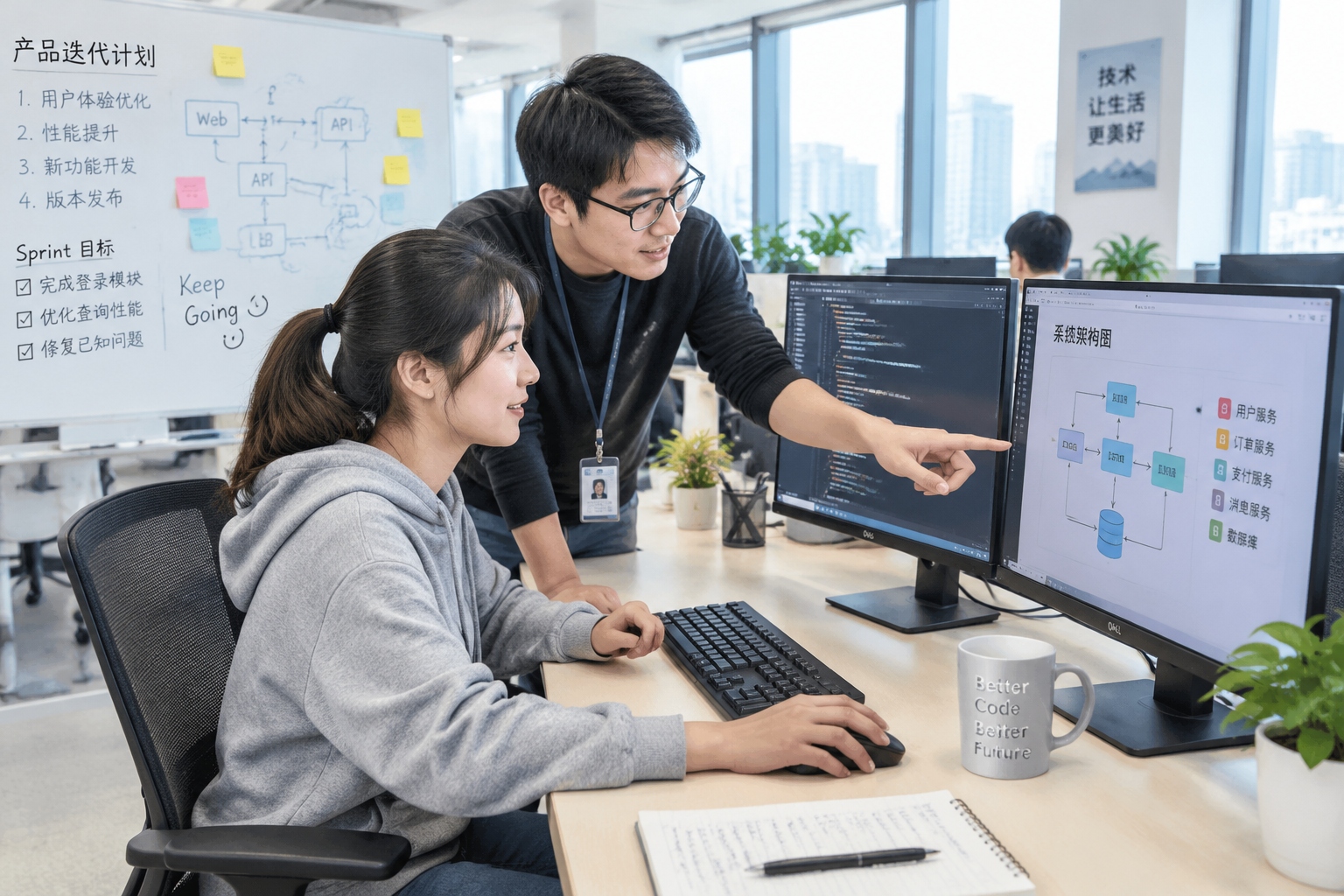 Engineer working at a computer in an open-plan office of a Hefei tech startup, morning light coming through large windows, whiteboard with sticky notes in background