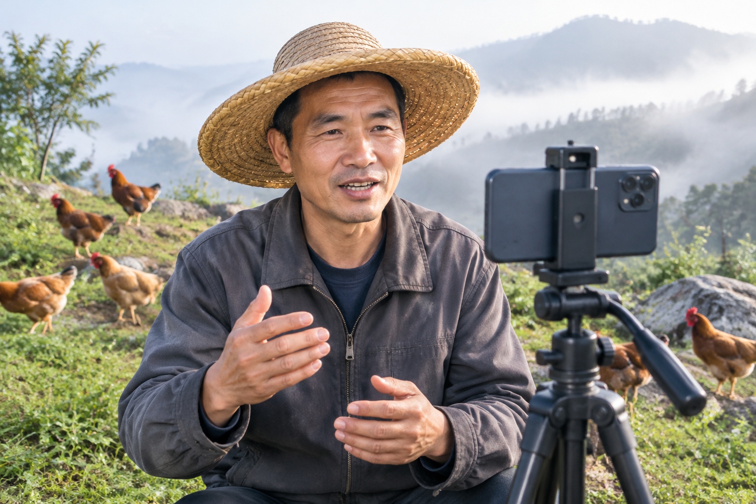 Anhui farmer live-streaming free-range chickens on a misty mountain slope