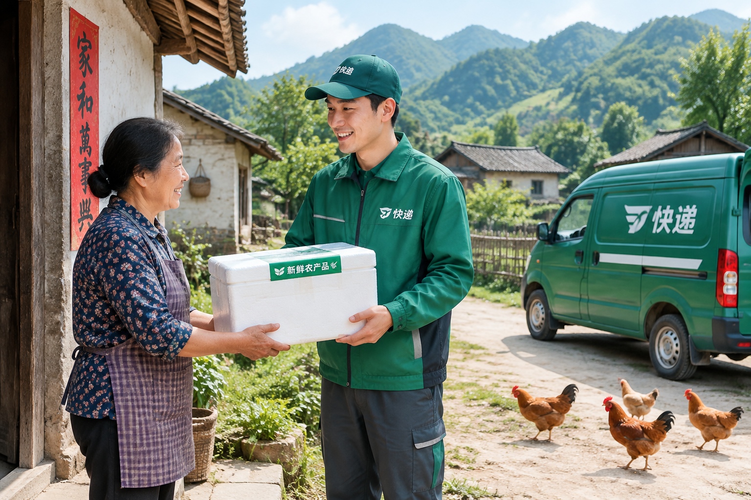 Courier collecting packaged chicken from a rural farm for express delivery