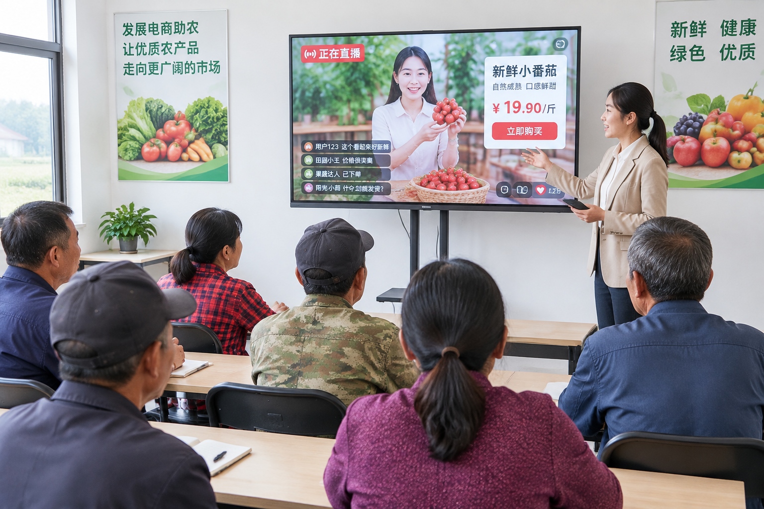 Farmers attending a live e-commerce training class in a Chinese village