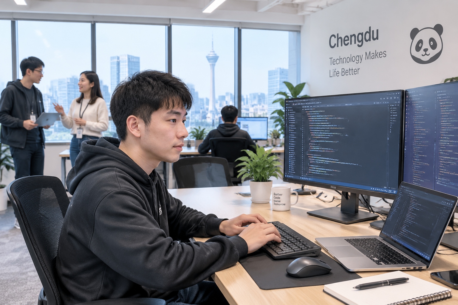 Coding in Chengdu: What It's Like for Programmers 22 Chinese programmer coding in a Chengdu office during a busy morning