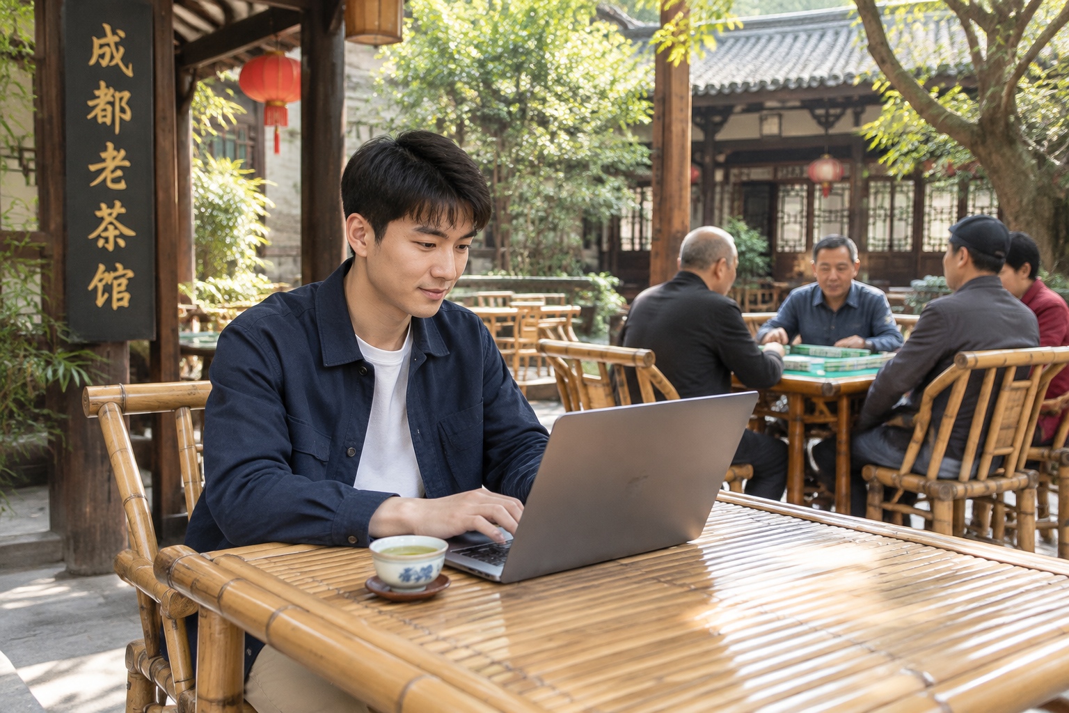 Coding in Chengdu: What It's Like for Programmers 23 Programmer working from a classic Chengdu tea house with a laptop and green tea