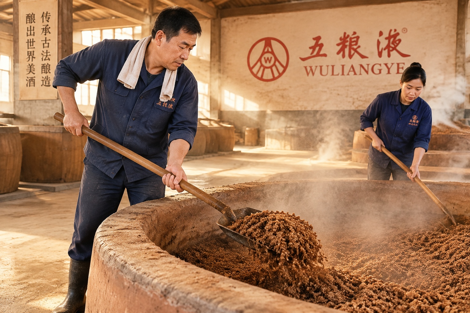 Workers shoveling steaming fermented grains at the Wuliangye baijiu distillery in Yibin, Sichuan