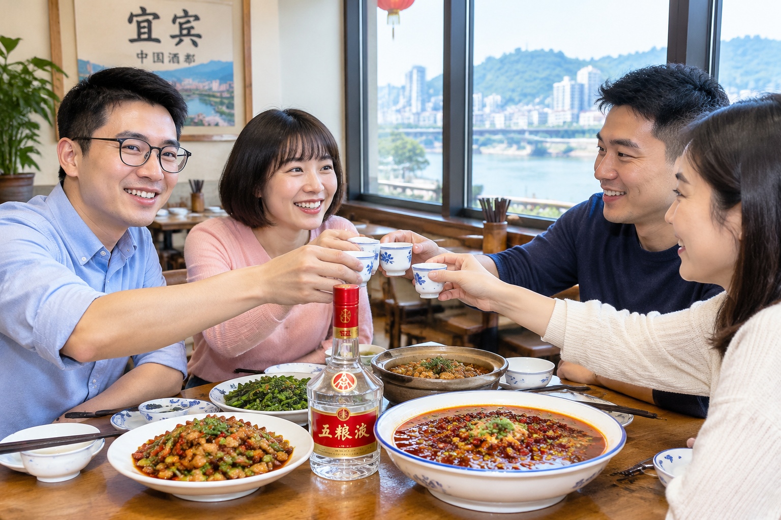 A table in a Yibin restaurant with Wuliangye baijiu and small cups, diners toasting