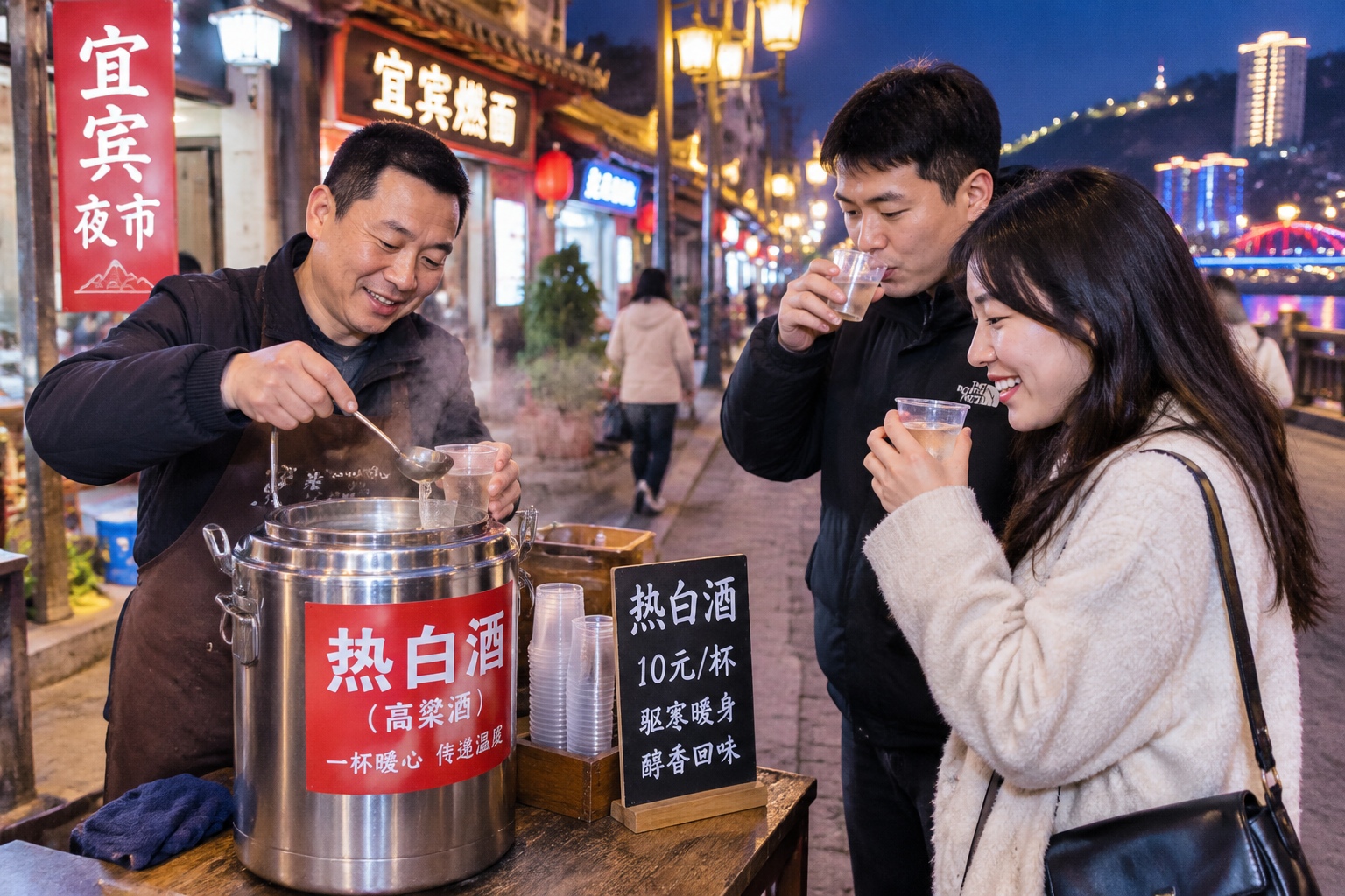 Night market stall in Yibin selling hot baijiu in plastic shot cups