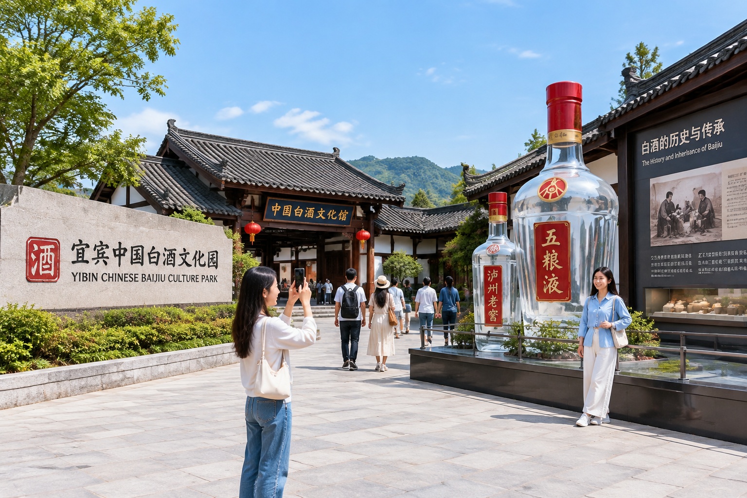 Tourists exploring the Chinese Baijiu Culture Park in Yibin with Wuliangye exhibits