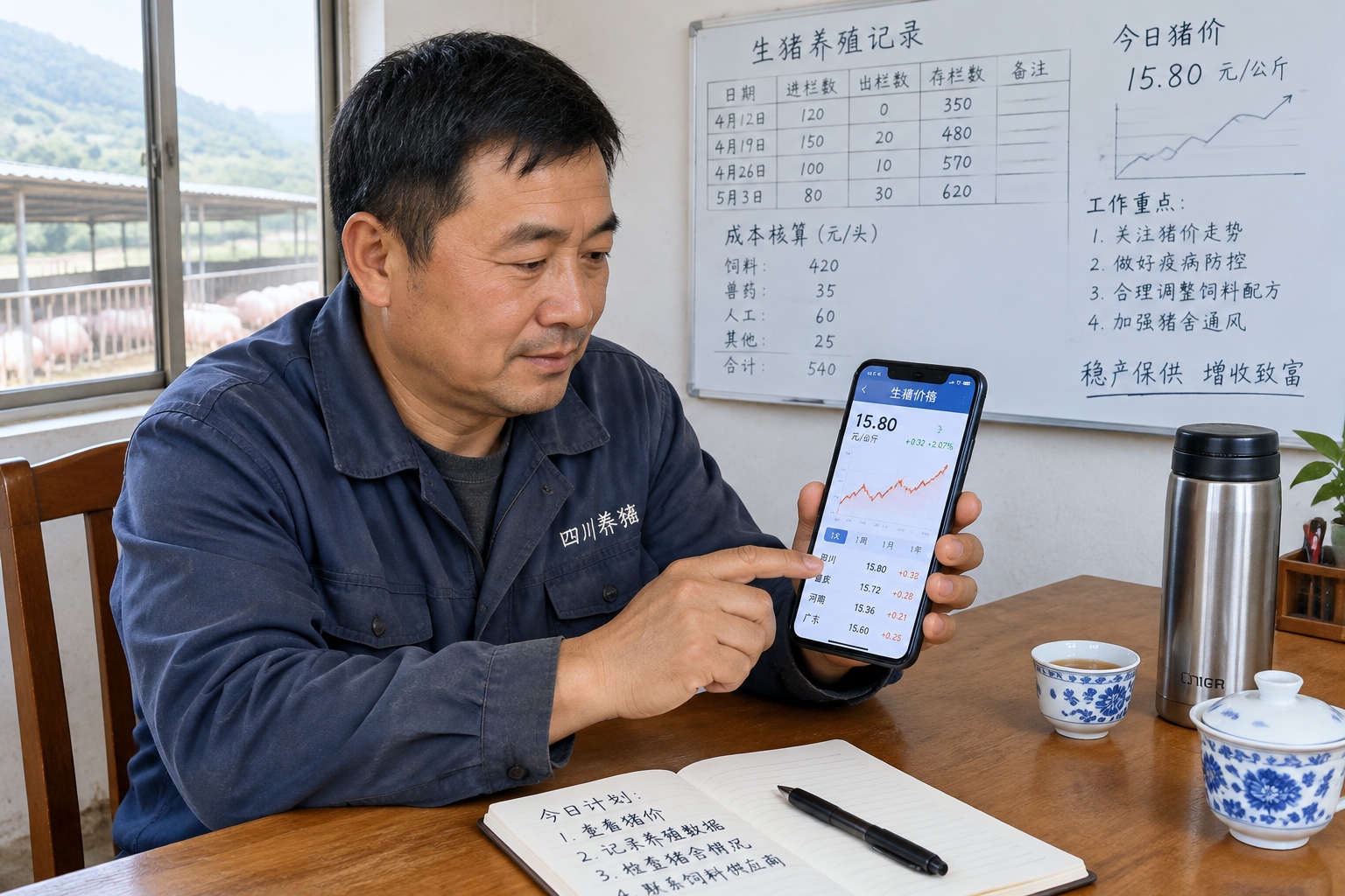 Sichuan pig farmer checking live hog prices on a smartphone in a farm office, with handwritten notes and spreadsheets in the background.