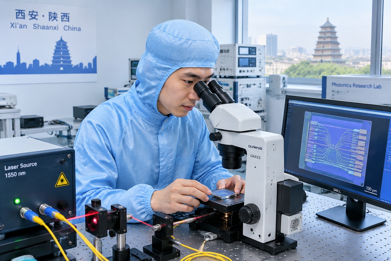 Engineer inspecting a photonic chip in a Xi'an hard tech startup incubator