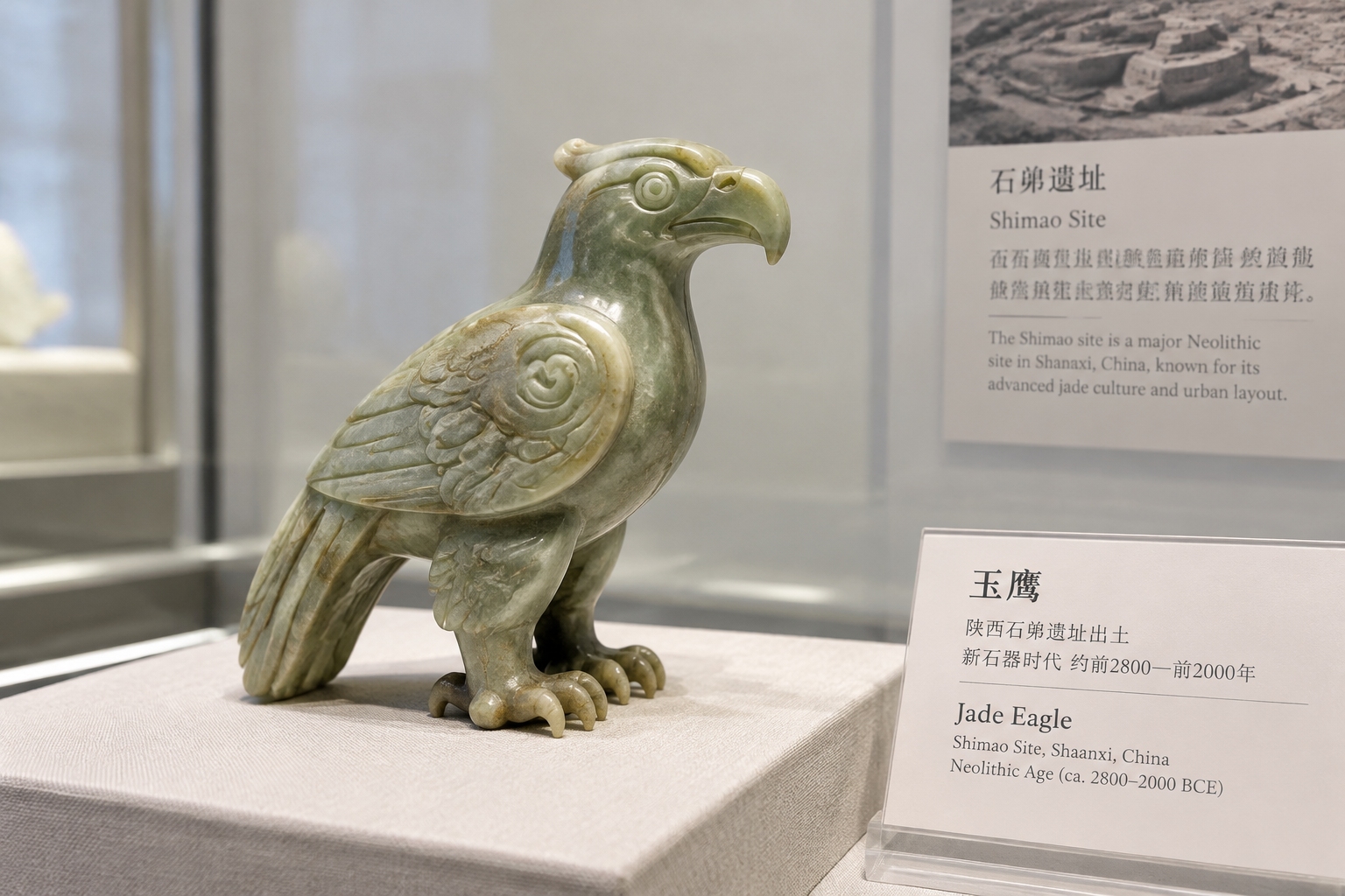 How Shaanxi's Archaeological Finds Rewrite Chinese History? 22 A 4,000-year-old jade eagle from the Shimao site displayed in a Chinese museum