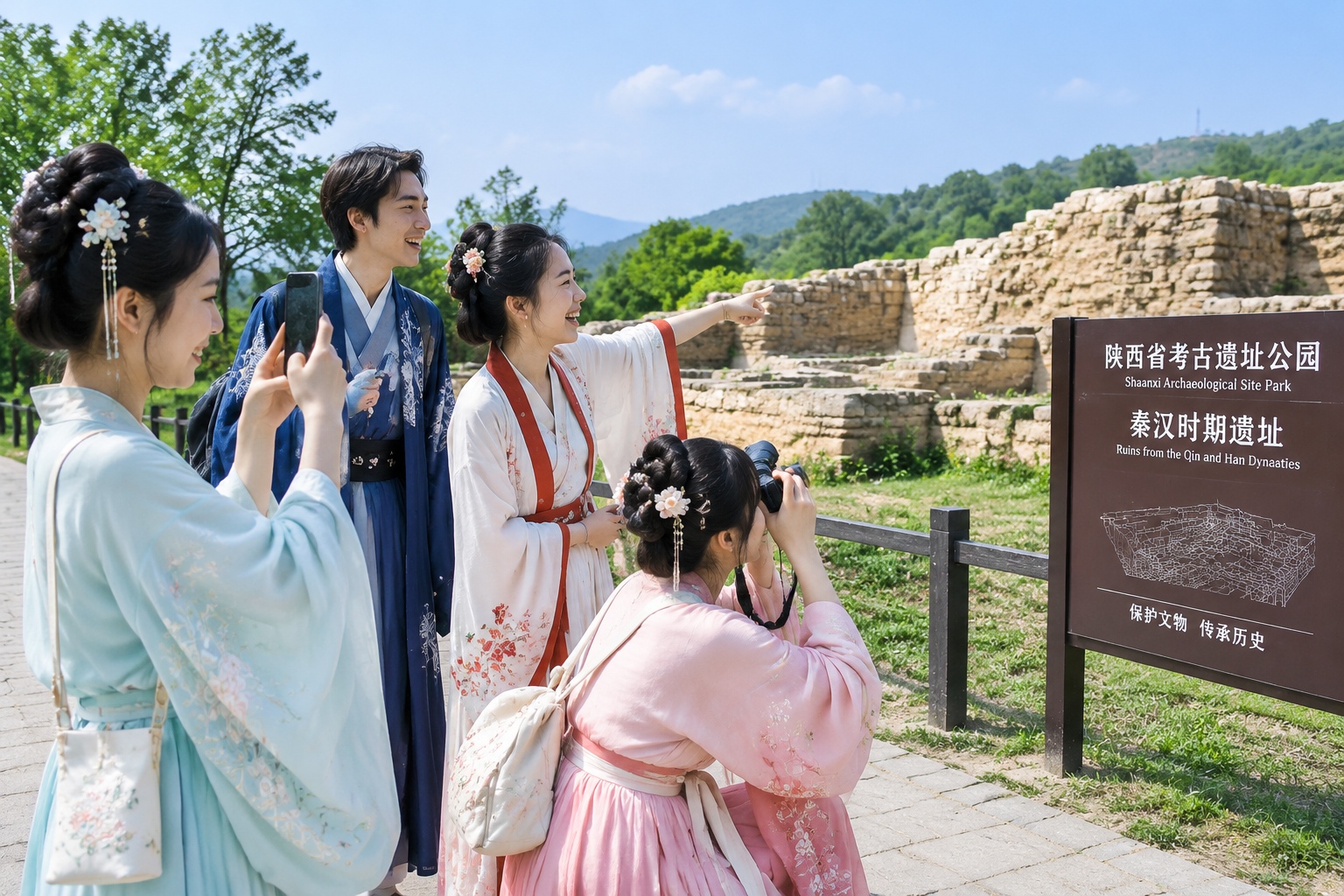 How Shaanxi's Archaeological Finds Rewrite Chinese History? 27 Young Chinese tourists dressed in hanfu explore the Shimao archaeological site in Shaanxi