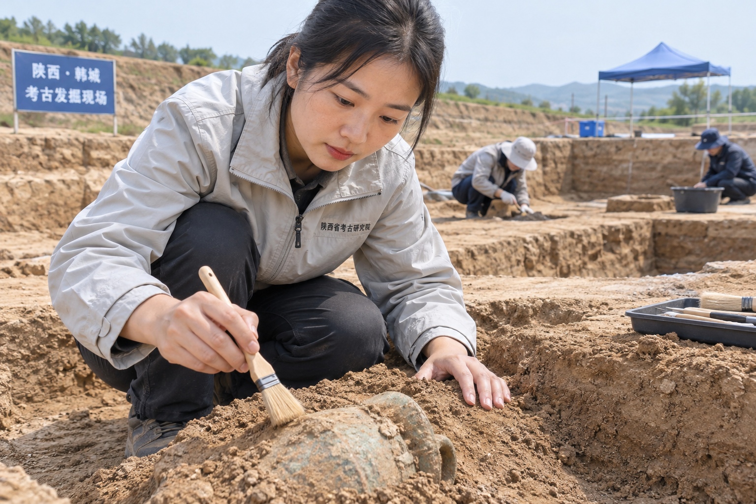 How Shaanxi's Archaeological Finds Rewrite Chinese History? 28 Archaeologist at work on an excavation in Shaanxi carefully brushing a newly found artifact