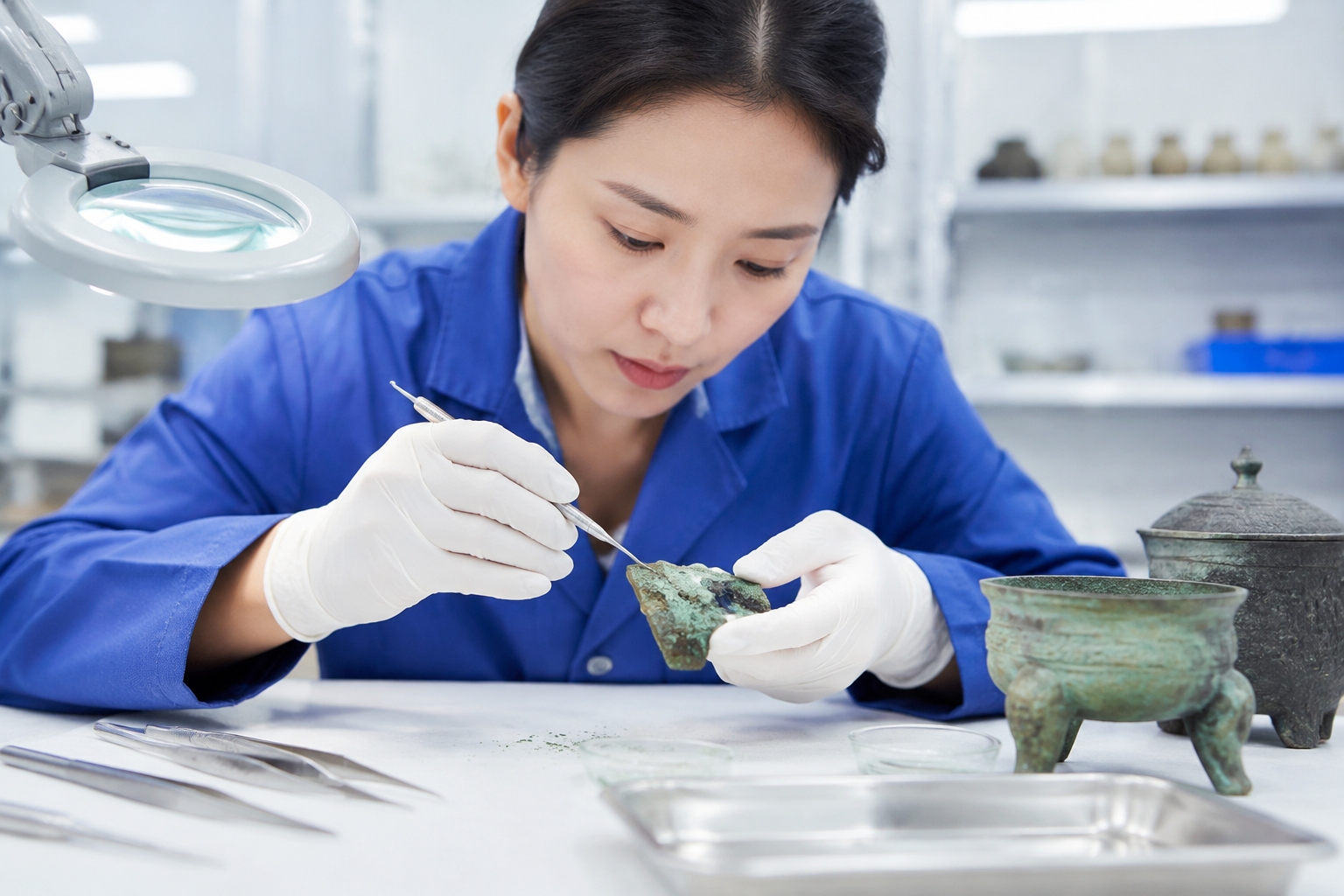 A restorer's hand cleaning corrosion from an ancient bronze fragment at Shaanxi History Museum
