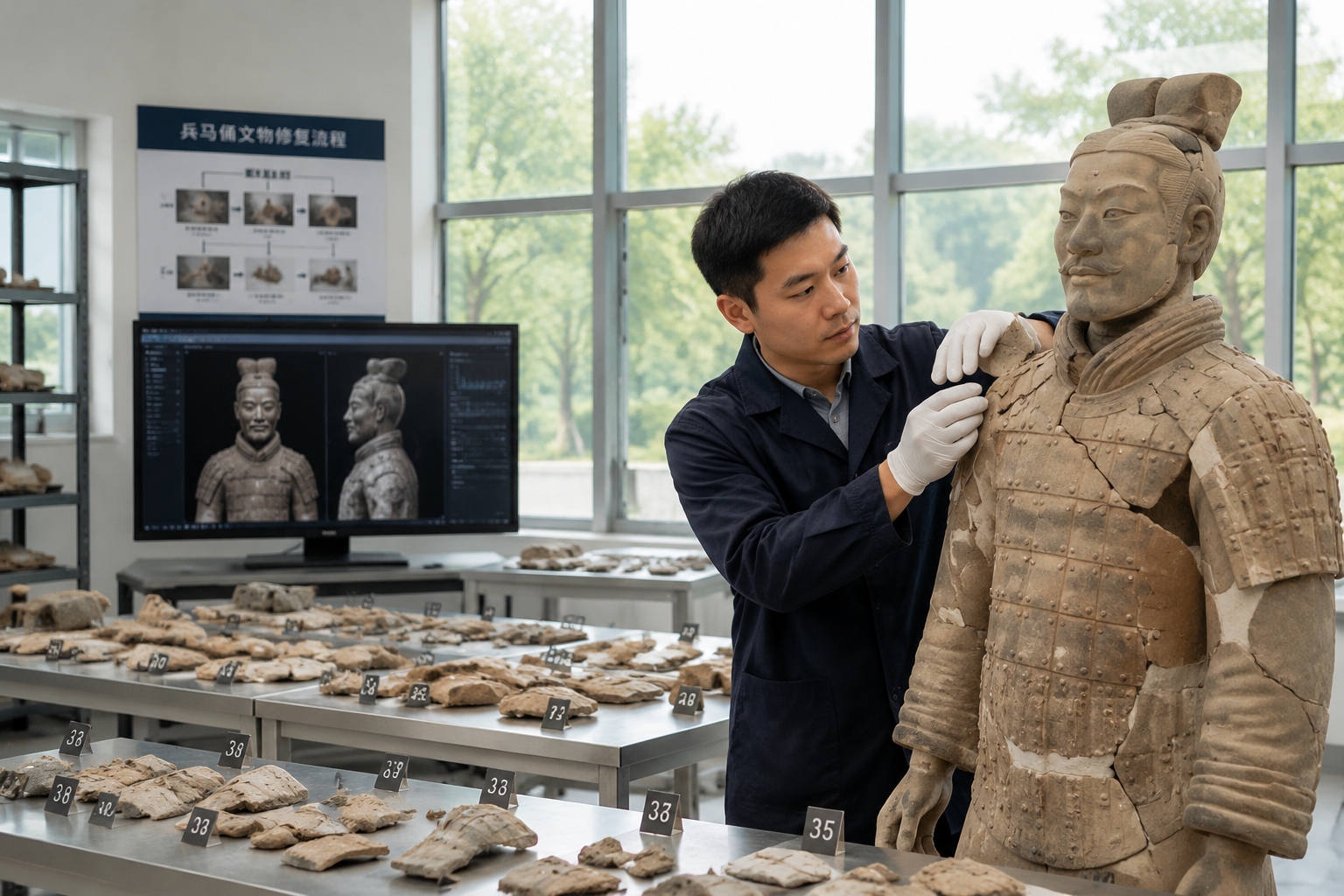 Restorers piecing together fragments of a Terracotta Warrior at the mausoleum site in Xi'an