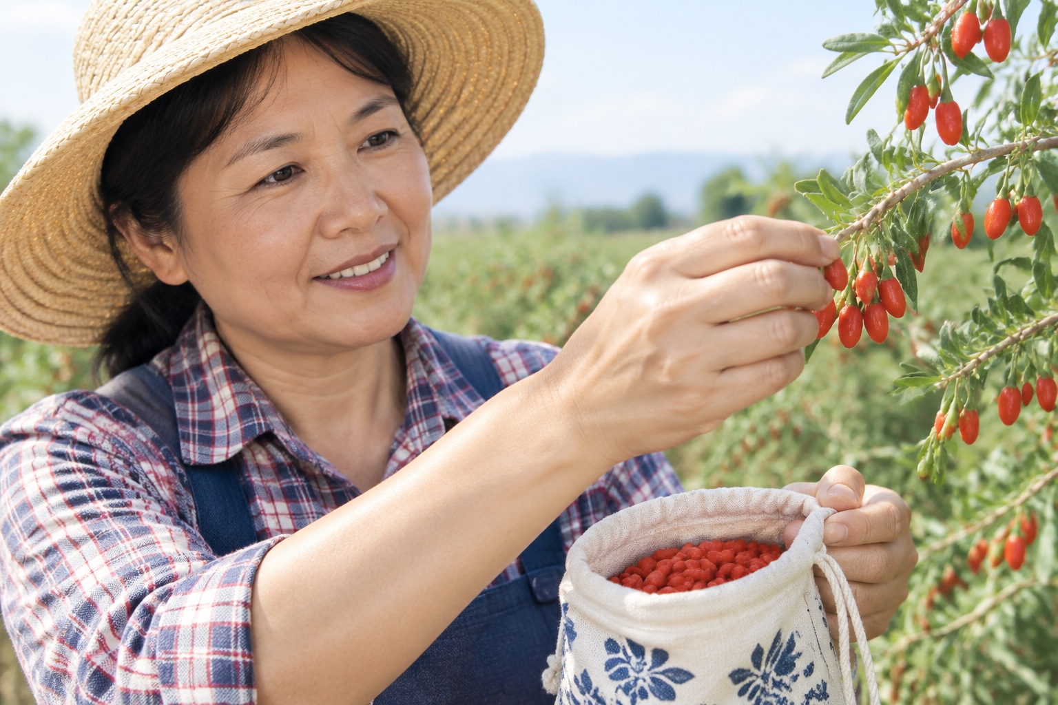 Chinese farmer picking ripe red goji berries in a Zhongning orchard at sunrise