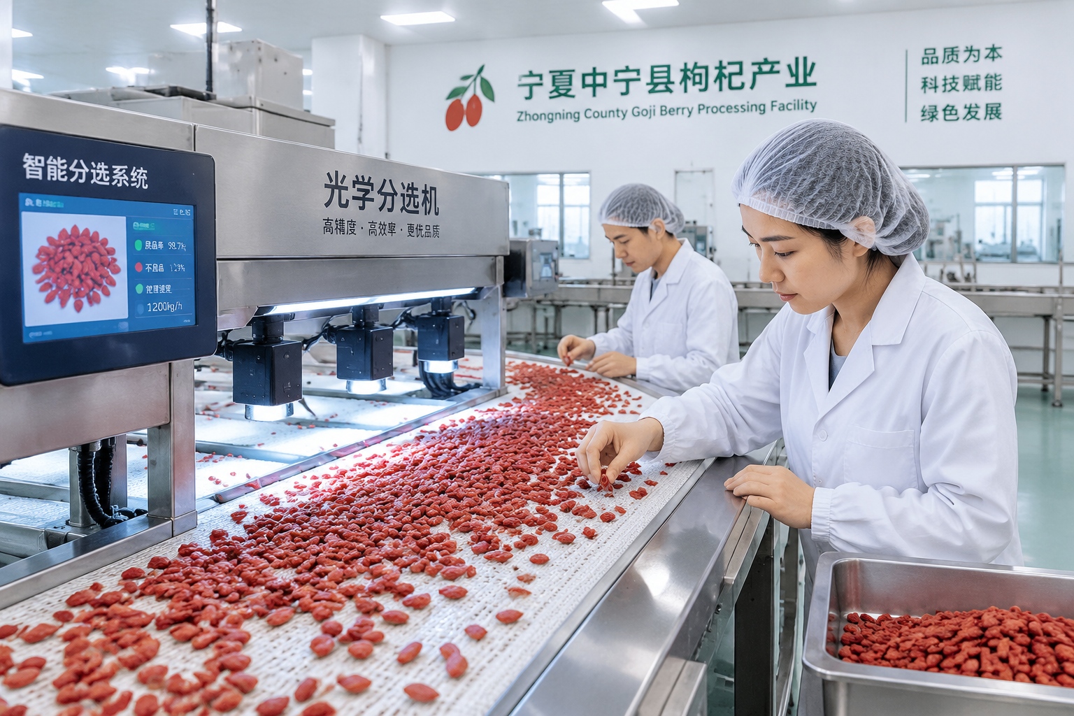 Automated goji berry sorting and processing line in a modern Chinese factory