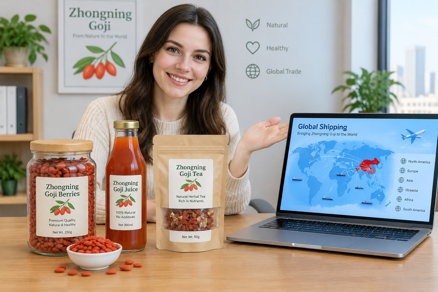 Zhongning goji berry products for export displayed with a global shipping map