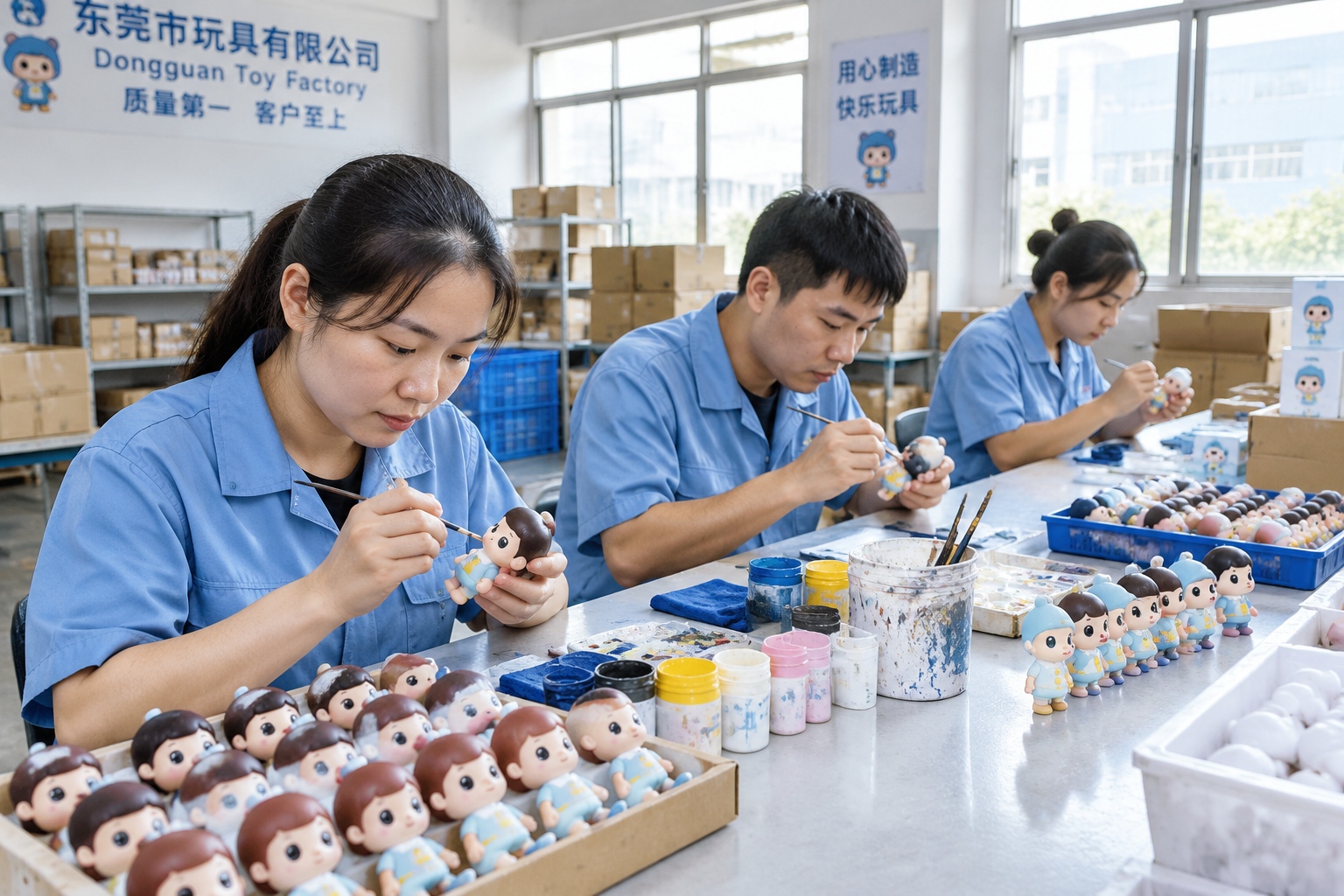 Workers hand-painting vinyl toy figures at a toy factory in Dongguan, Guangdong, China