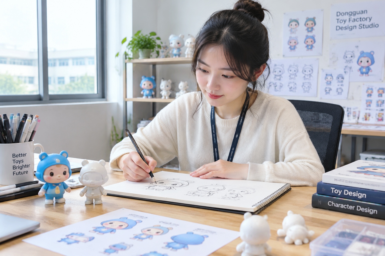 Young female toy designer sketching a new character at a studio desk in Dongguan