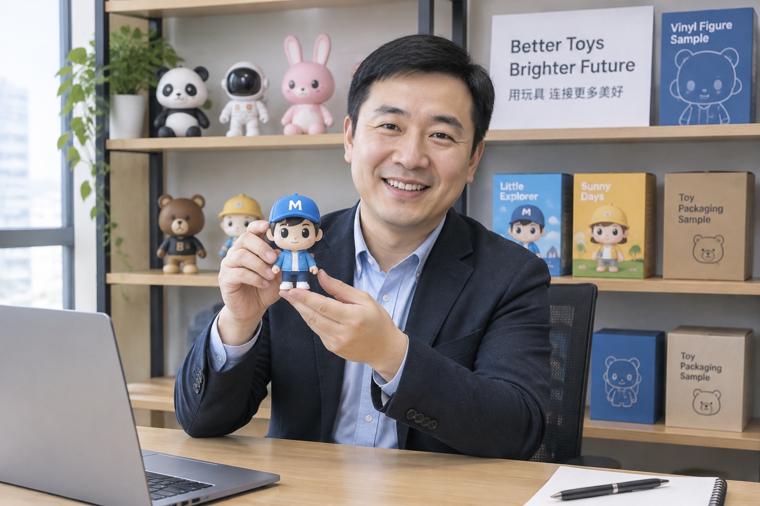 Dongguan toy factory owner holding an original IP vinyl toy in his office