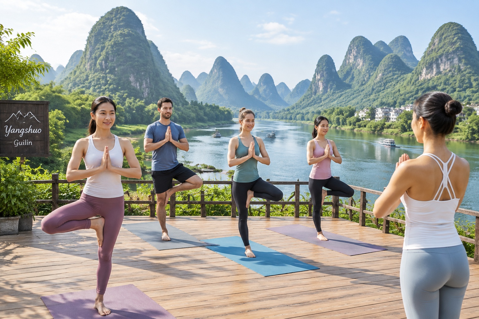 Morning yoga session on a wooden deck overlooking the Li River in Yangshuo, Guilin
